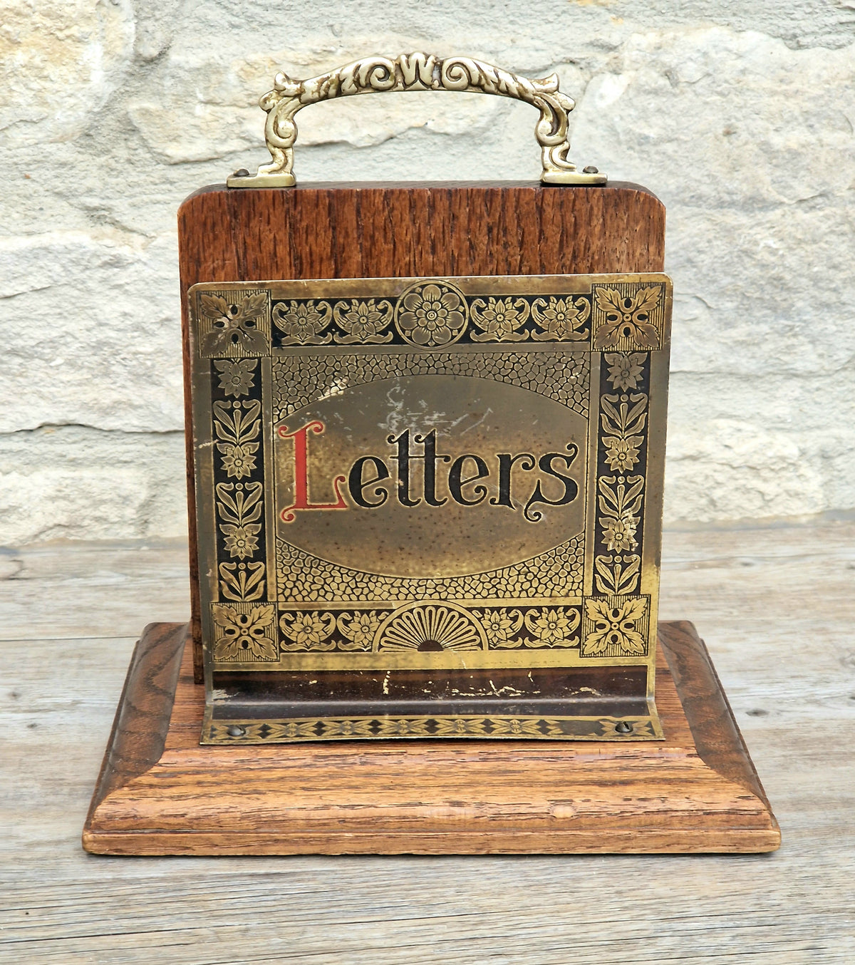 Antique Arts & Crafts Brass And Quarter Sawn Oak Gentleman's Handled Double Letter Rack Stand