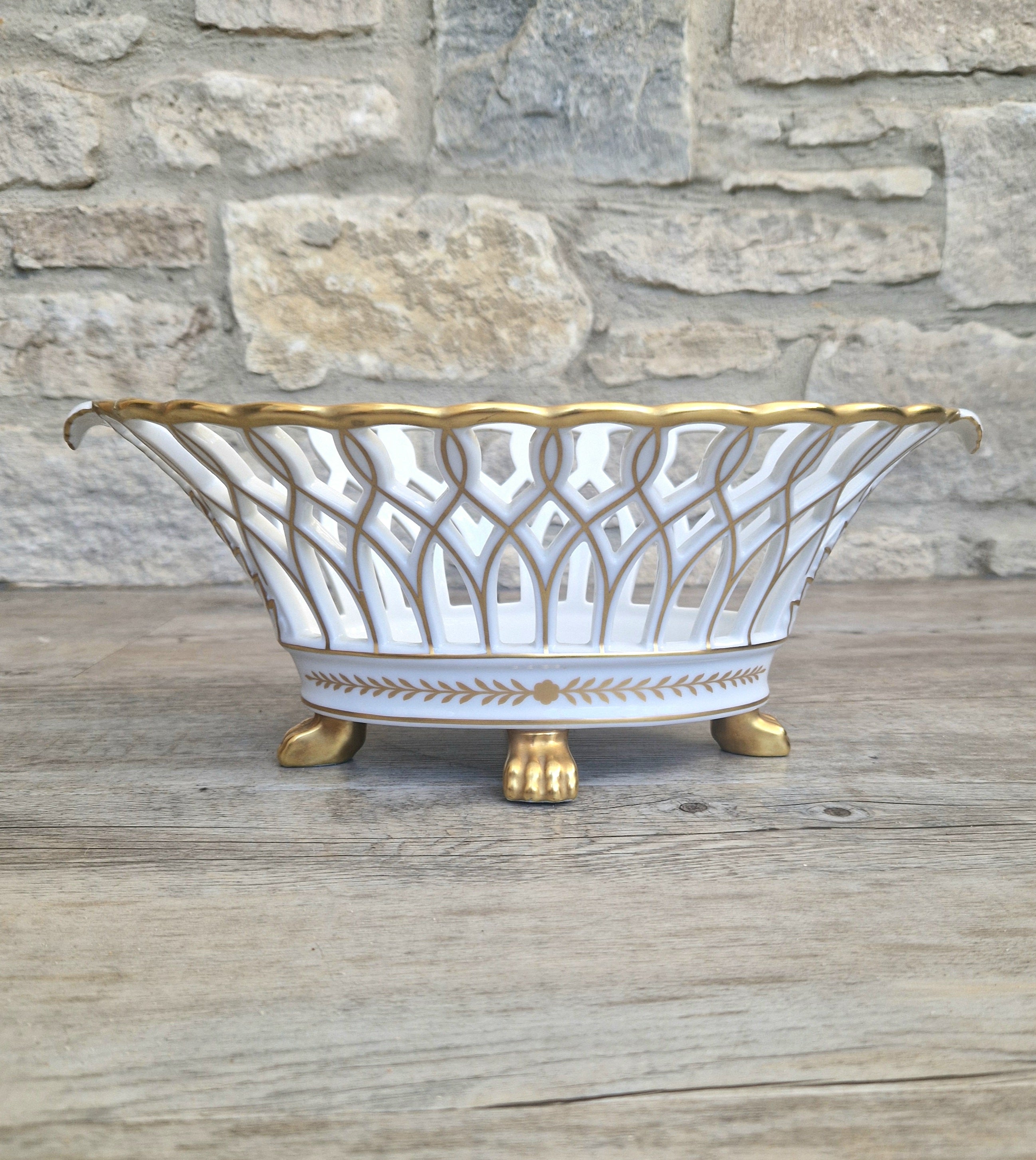 Large Vista Alegre Reticulated White & Gold Ceramic Basket Fruit Bowl Old Paris Style