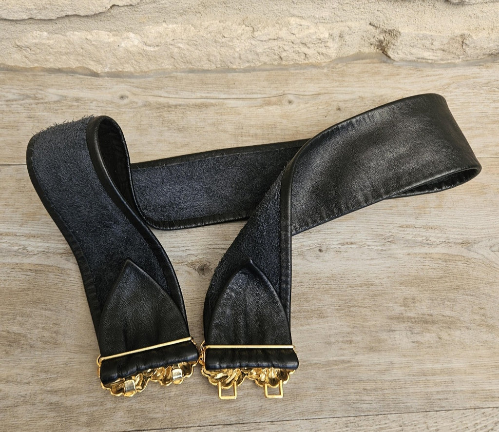 1980s Soft Black Leather Belt with Gold Metal Buckle 31" Long