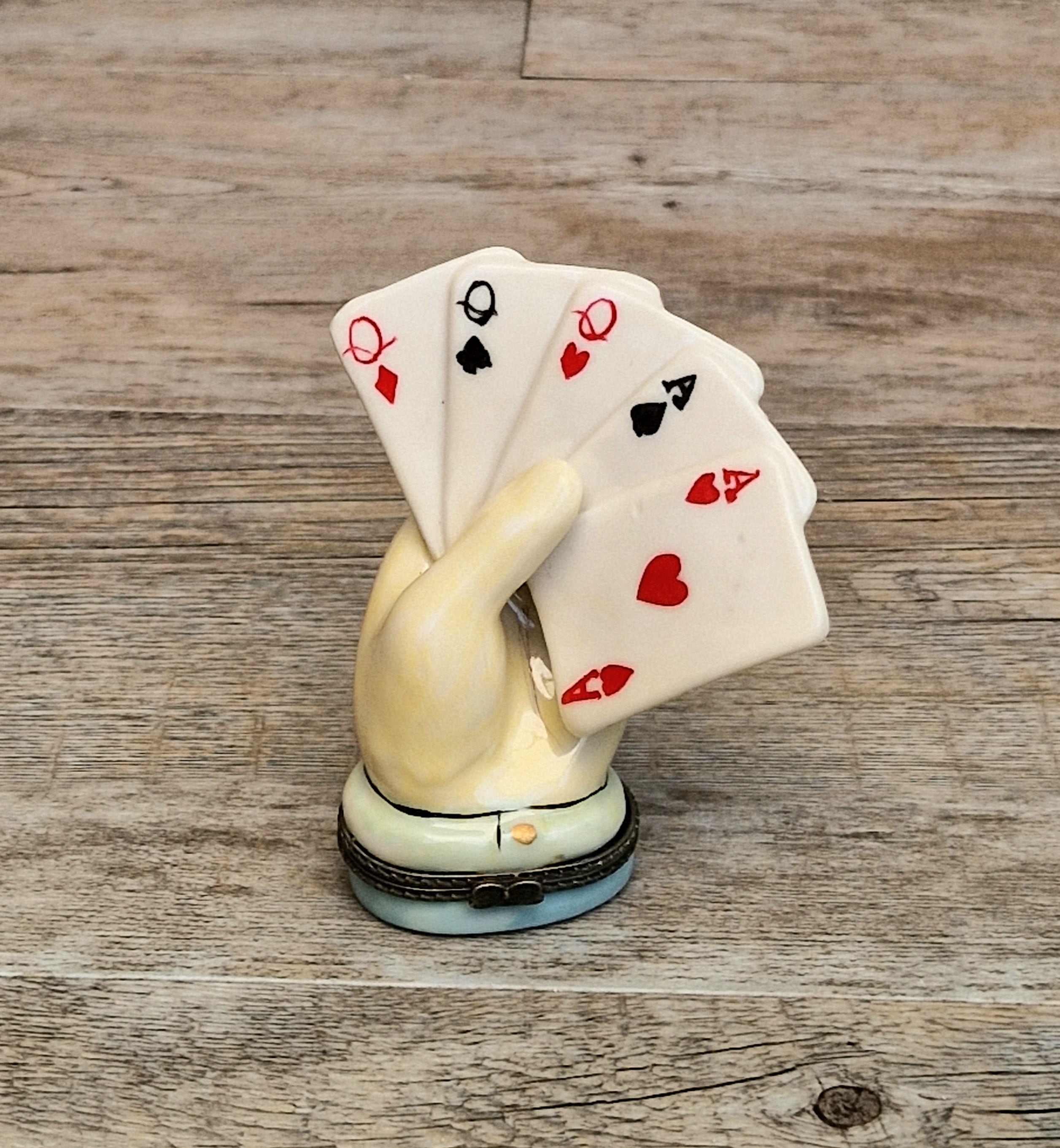 Vintage Rare Limoges Ceramic Poker Hand Full House Card Trinket Pill Box Casino