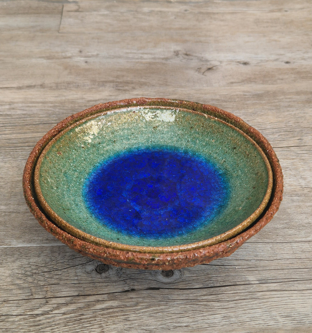Vintage Studio Art Pottery Alan Hemmings Nested Blue Crackle Glaze Ceramic Bowls