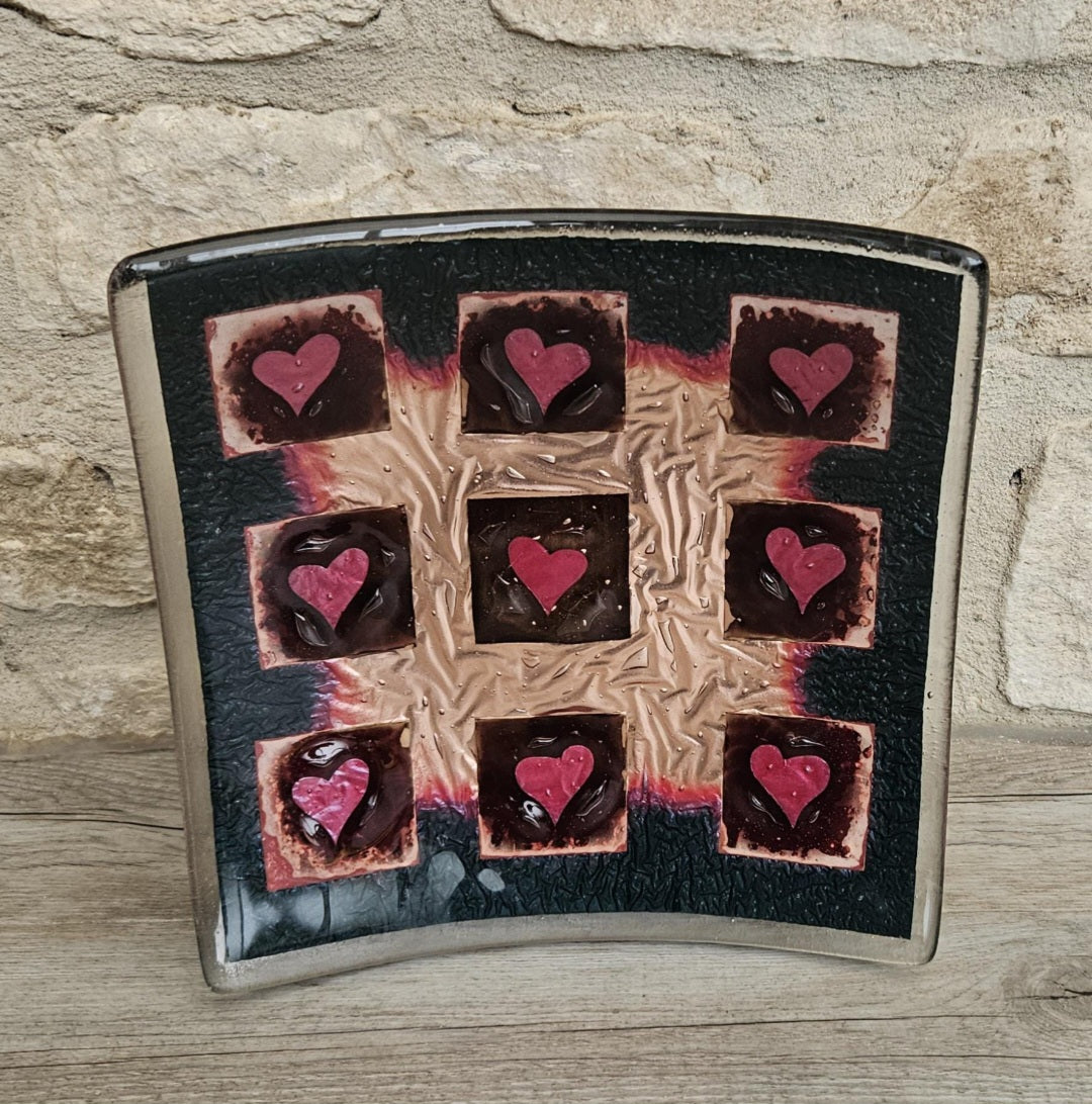 Art Glass Large Love Heart Fused Glass Curved Square Centrepiece 19cm Square