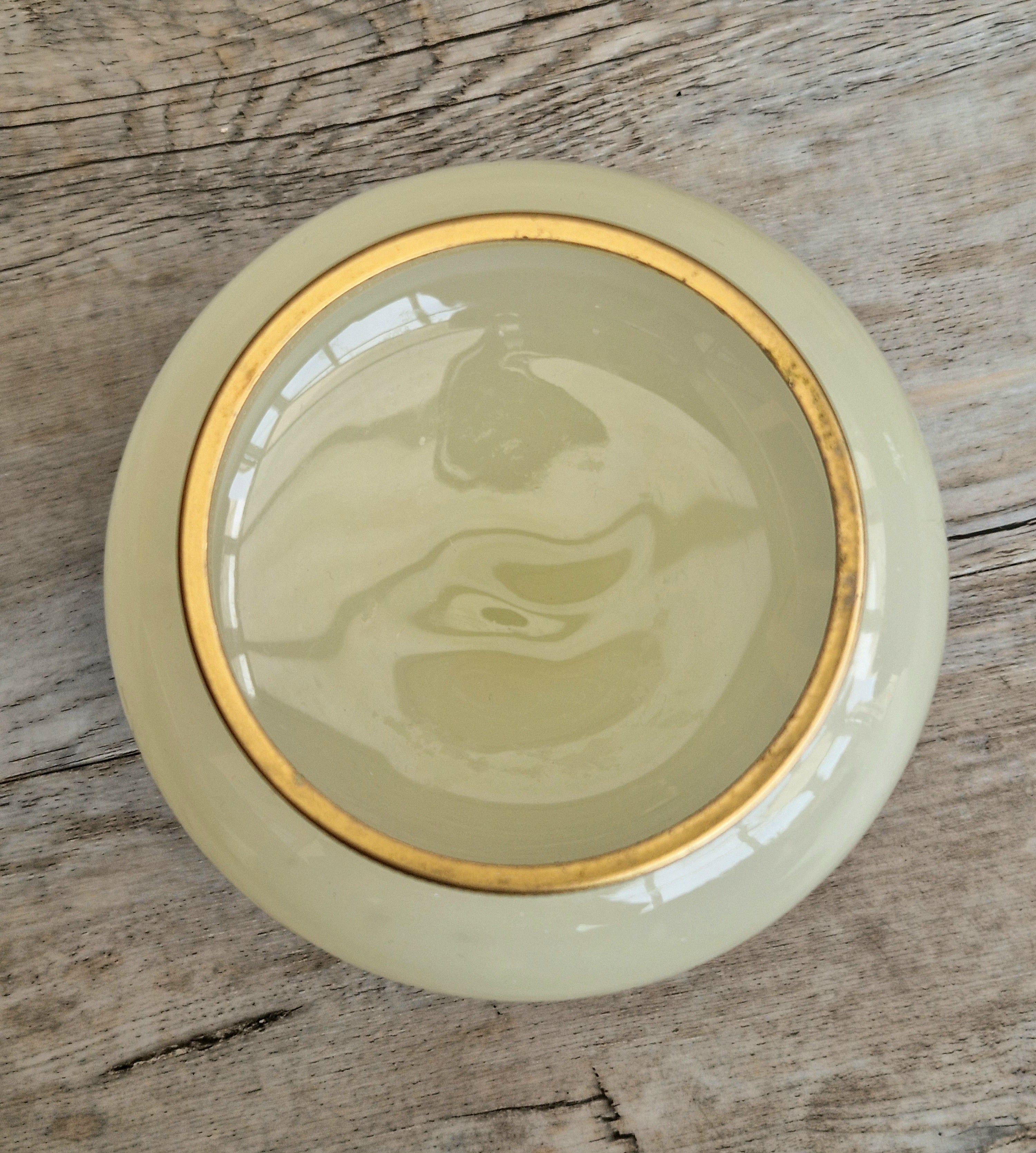 Vintage Italian Opaline Green Glass by Vincenzo Nason 1950s Hand Blown Gilt Rim Pedestal Candy Dish