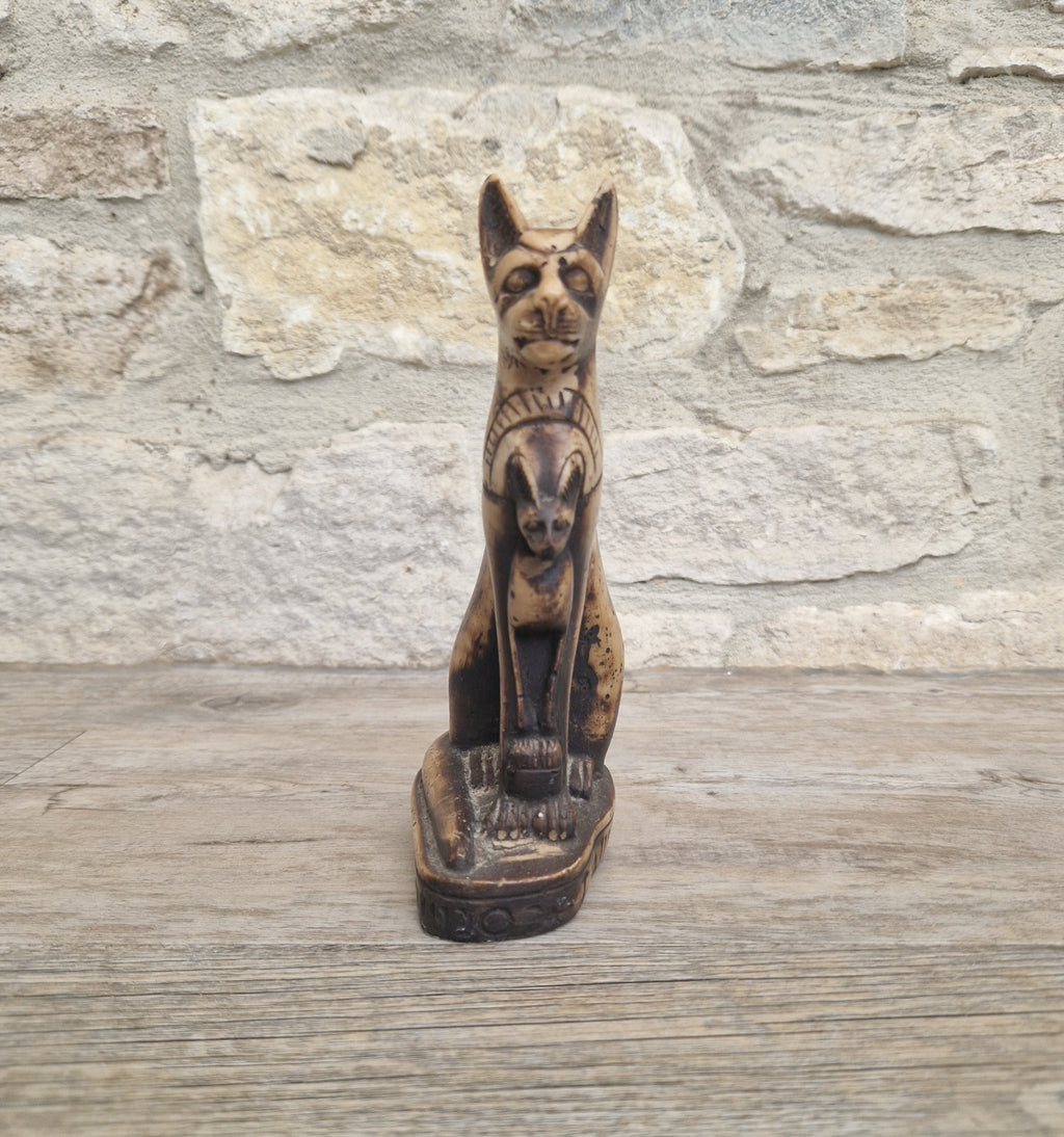 Vintage Hand Carved Stone Bastet Cat Figurine - Egyptian Goddess Ornament