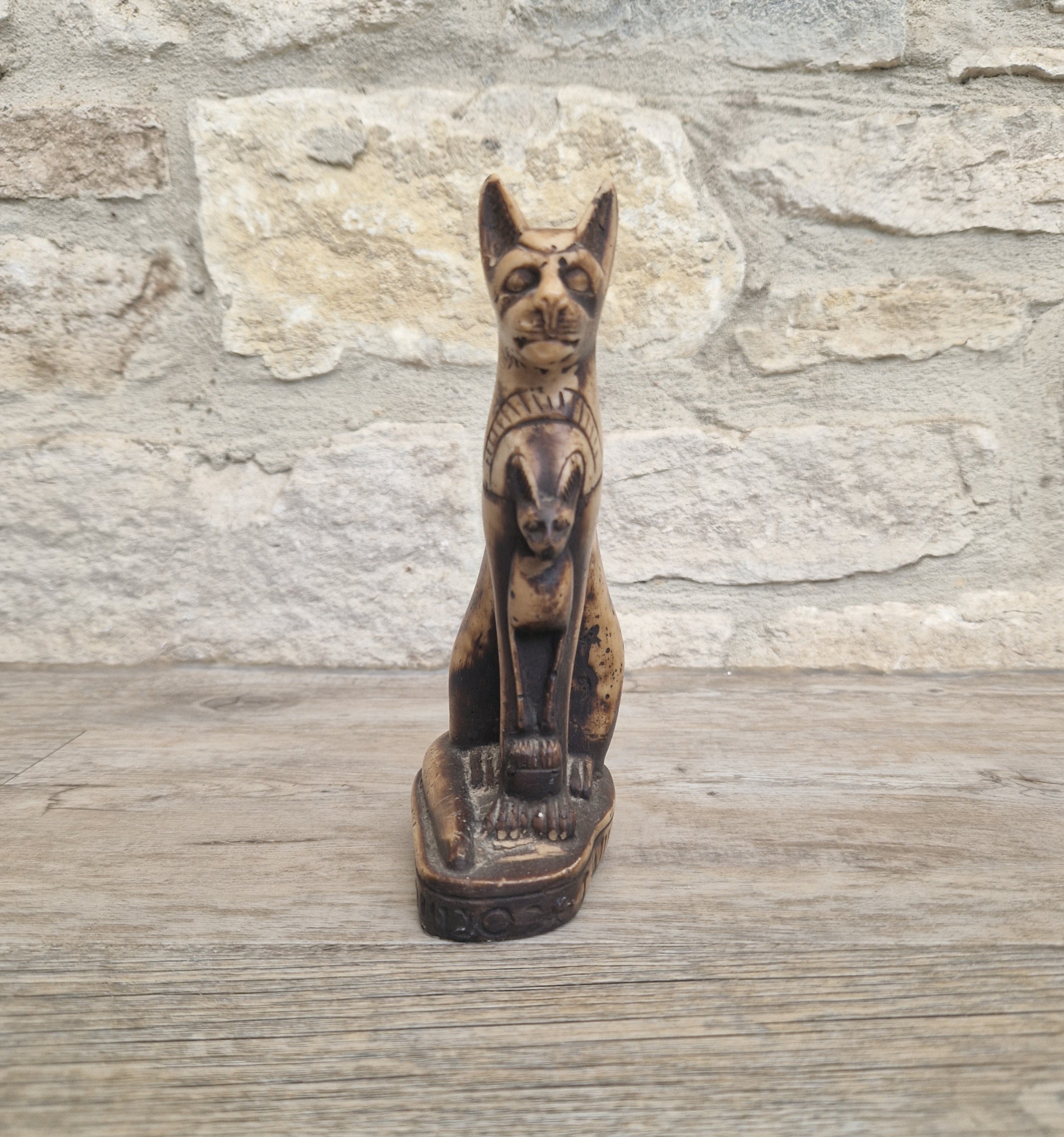 Vintage Hand Carved Stone Bastet Cat Figurine - Egyptian Goddess Ornament
