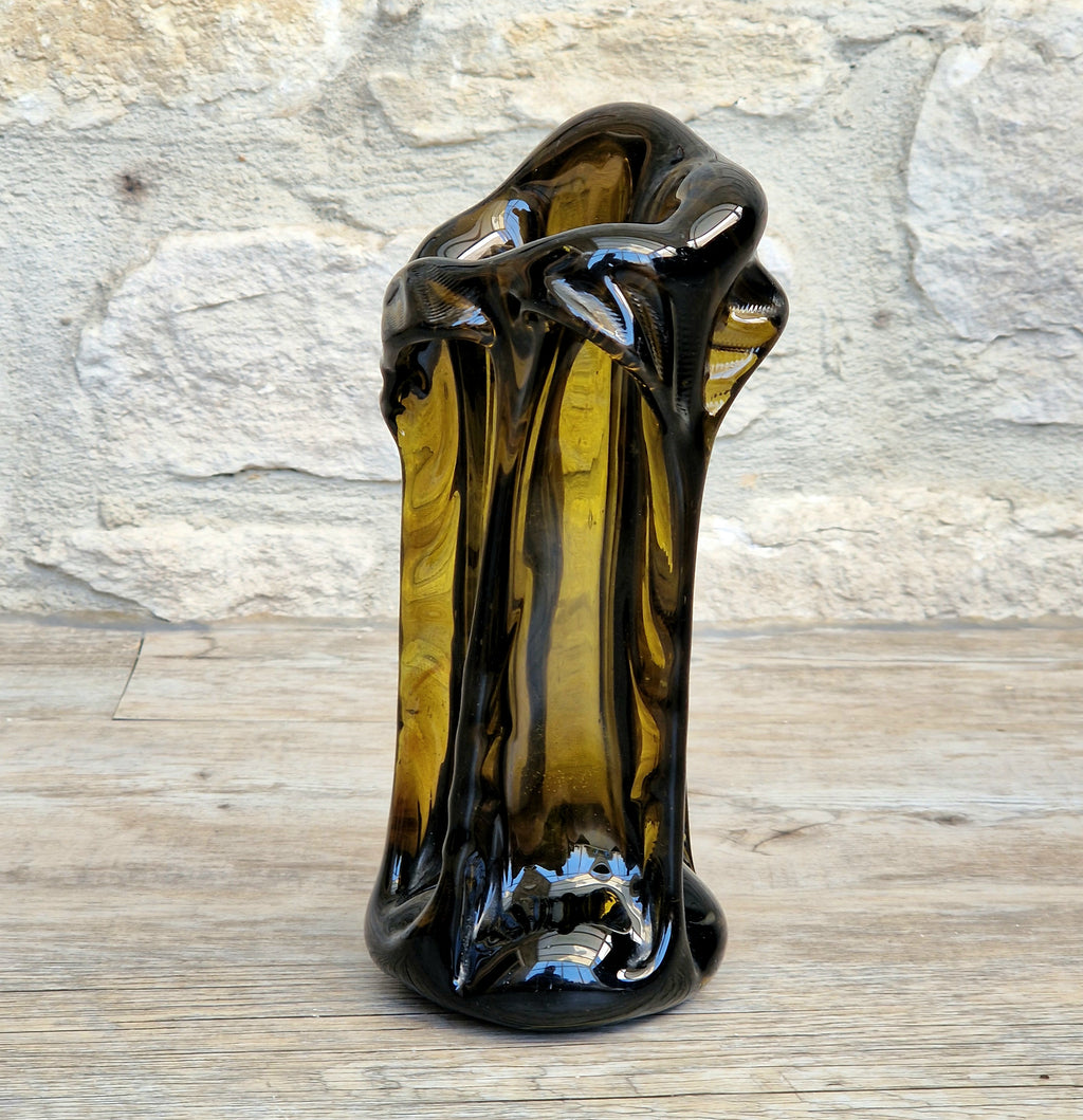 Vintage 1970s Polish Wołomin Hand Blown Smoked Amber Art Glass Pulled Freeform Ribbed Vase Rare Piece