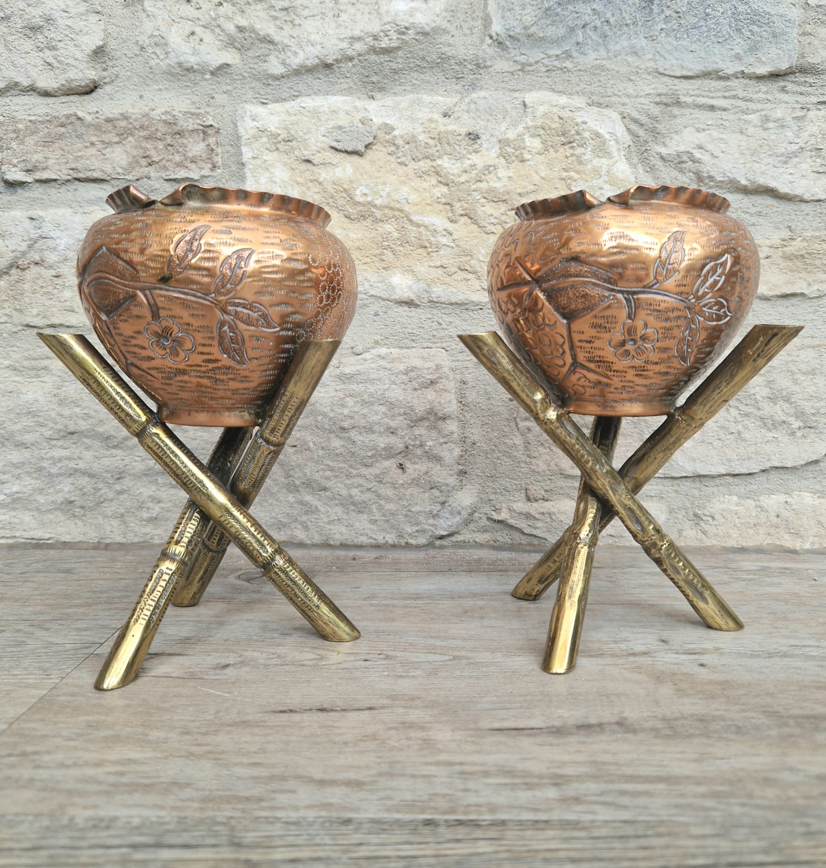 Pair of Antique Japanese Aesthetic Movement Arts & Crafts Copper And Brass Faux Bois Jardinieres