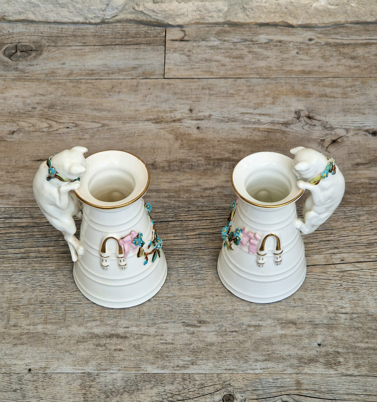Antique Copeland Porcelain Cat Cream Churn Vases Pair Floral Applied Flowers Gilt 19th Century