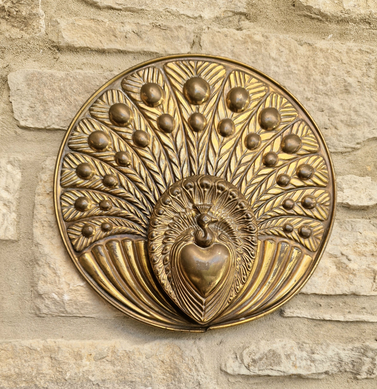 Rare Signed George Johnson Brass Peacock Wall Pocket Plaque 29cm Victorian Arts and Crafts 1880s