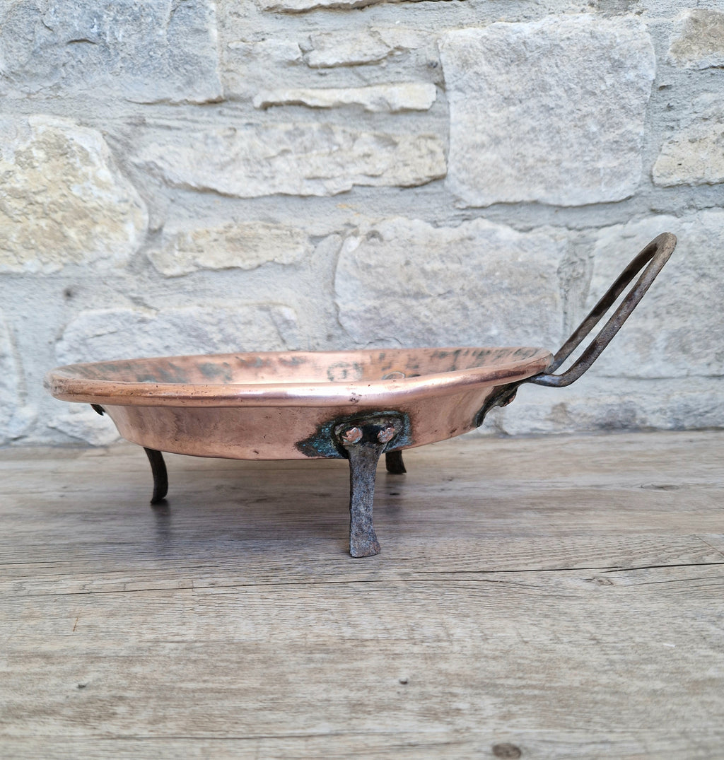 18th - 19th Century Copper & Iron Handle French Tripod Footed Tart Pan Rare Antique Kitchenalia