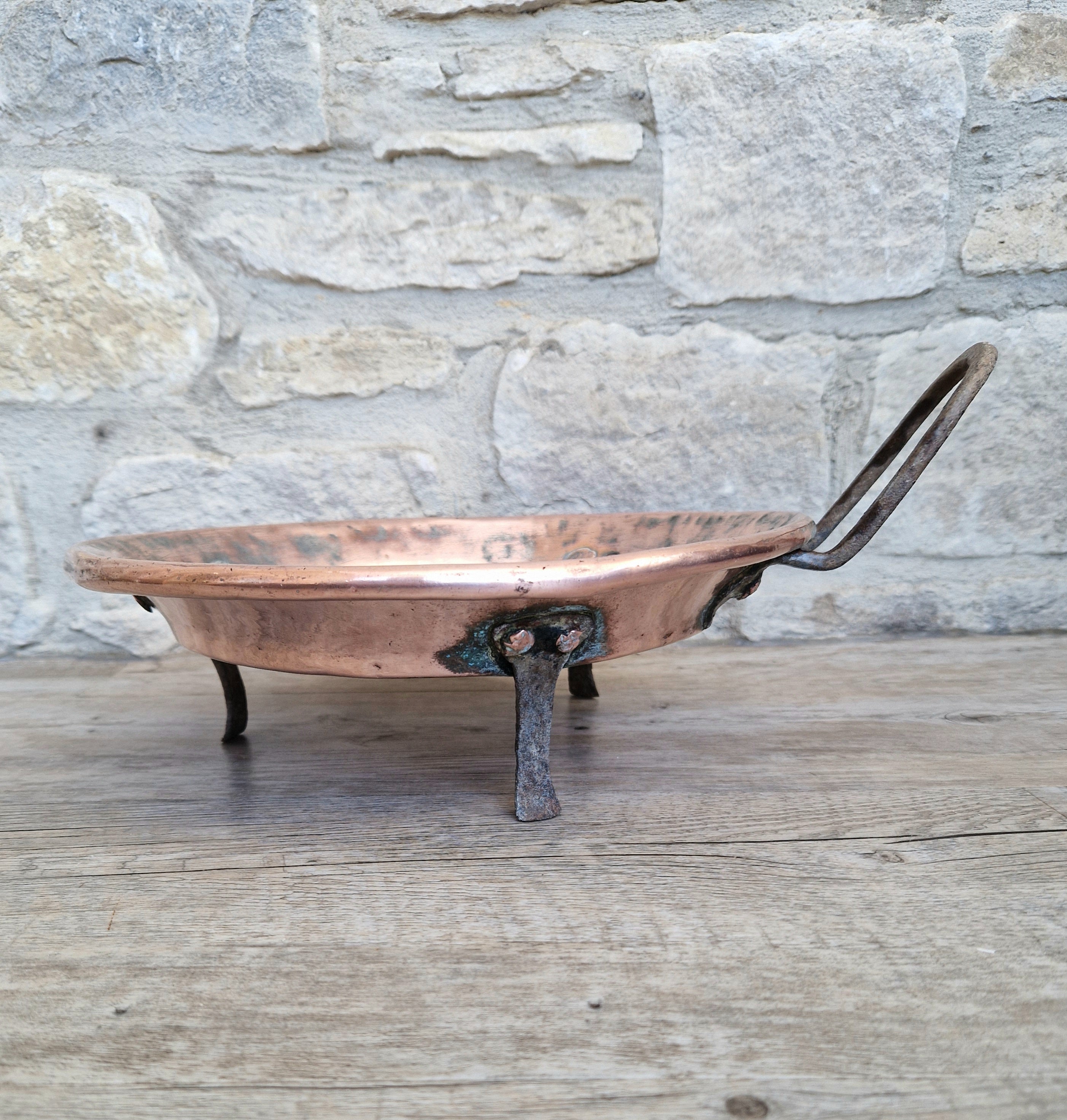 18th - 19th Century Copper & Iron Handle French Tripod Footed Tart Pan Rare Antique Kitchenalia