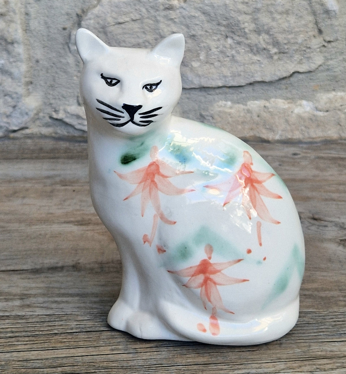 Vintage Moorland Pottery Seated Cat Figurine Hand Painted Fuchsia Floral Staffordshire Art Pottery