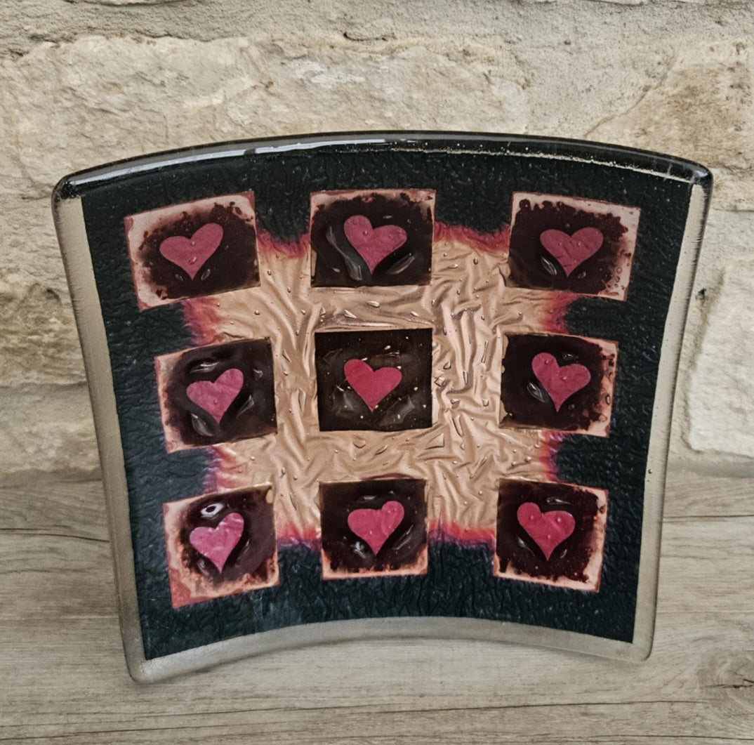 Art Glass Large Love Heart Fused Glass Curved Square Centrepiece 19cm Square