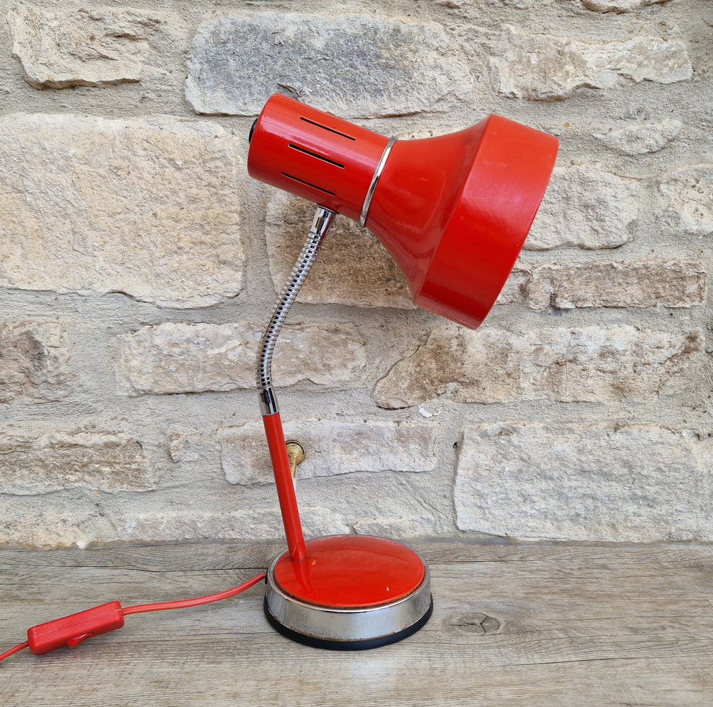 1980s Cherry Red Desk Lamp: Mid Century Space Age Flexible Lamp
