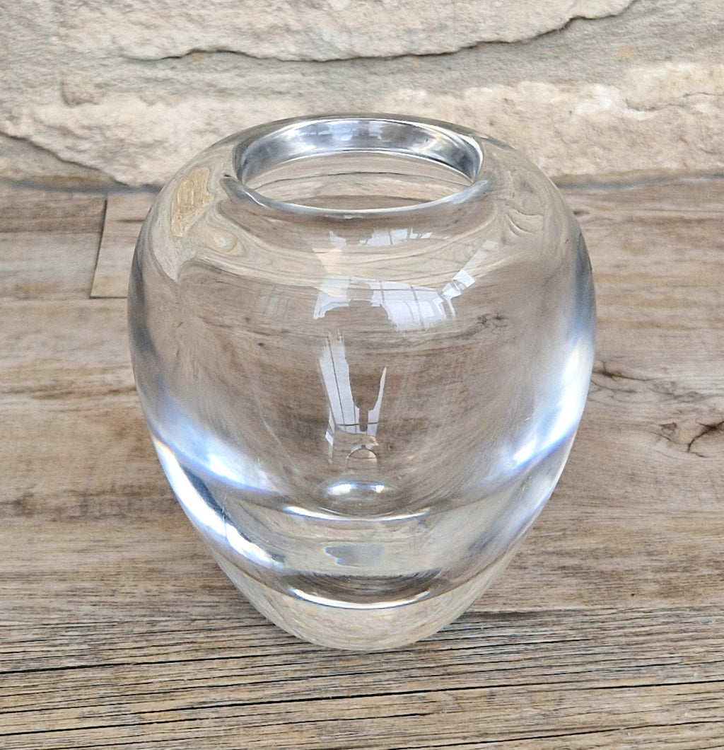 Heavy Mid-Century Clear Hand-Blown Art Glass Ovoid Vase With Polished Frosted Ring Base
