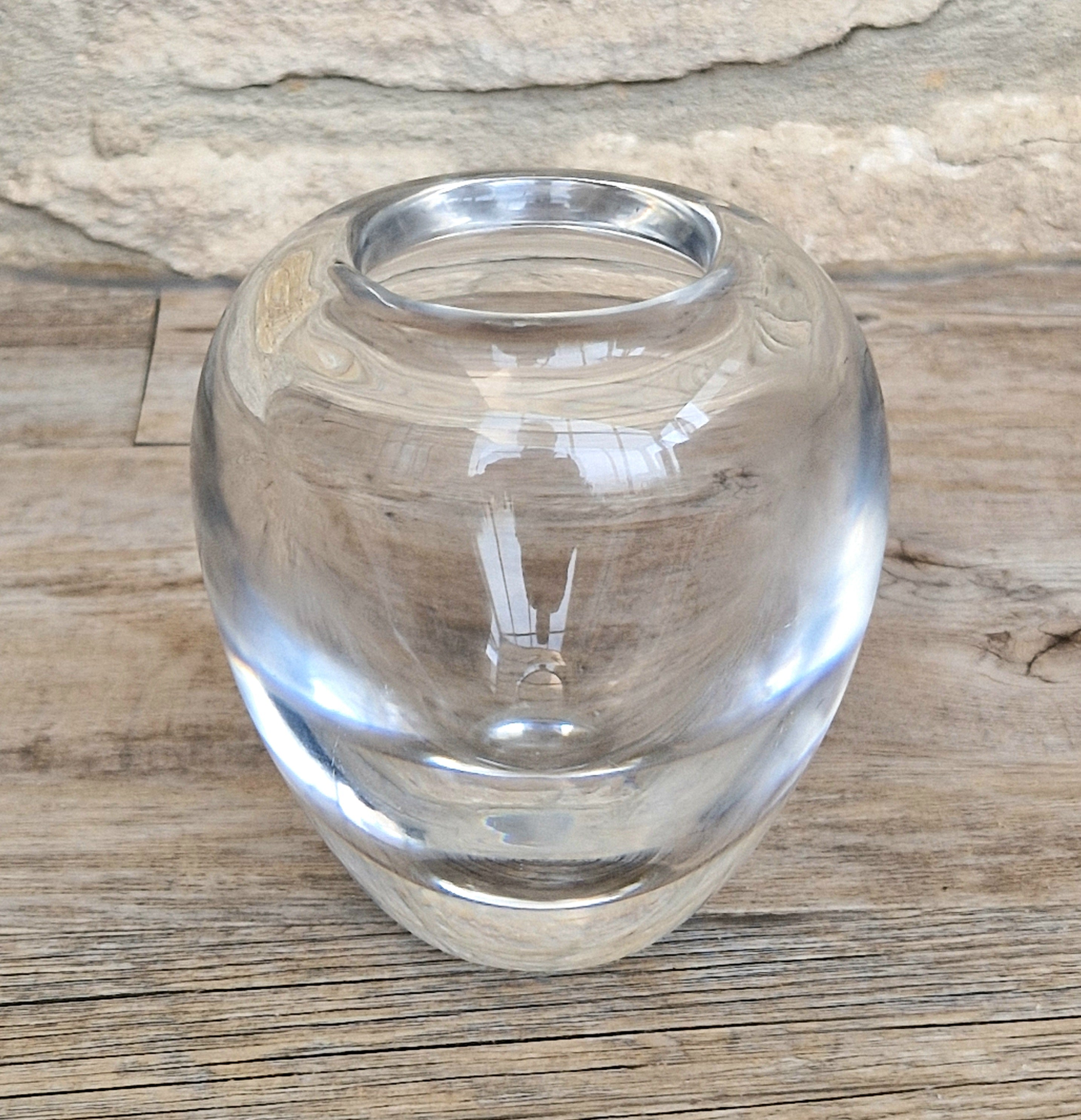 Heavy Mid-Century Clear Hand-Blown Art Glass Ovoid Vase With Polished Frosted Ring Base