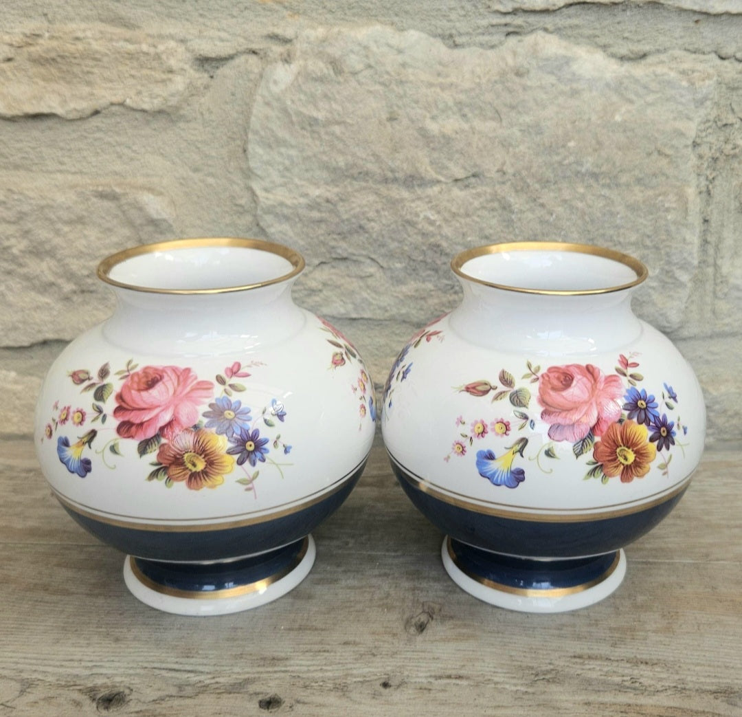English Pair Mantle Vases Hand Painted Bone China Floral Caverswall Stoke on Trent England 11cm