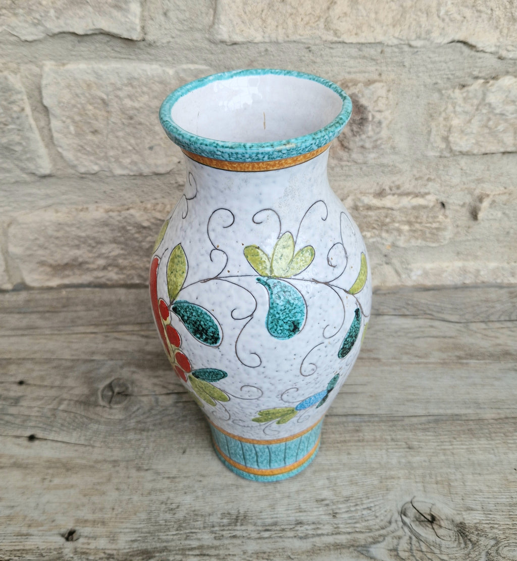 Vintage Large Italian Ceramic Floral Majolica Vase Sgraffito Technique Fratelli Fanciullacci 26cm Tall