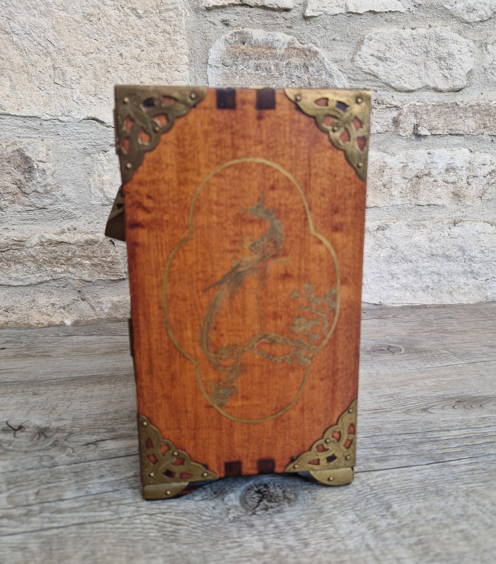 Vintage Hardwood Brass Bound Oriental Hand-Painted Chinoiserie Dragons Footed Jewellery Box Chest 1940s