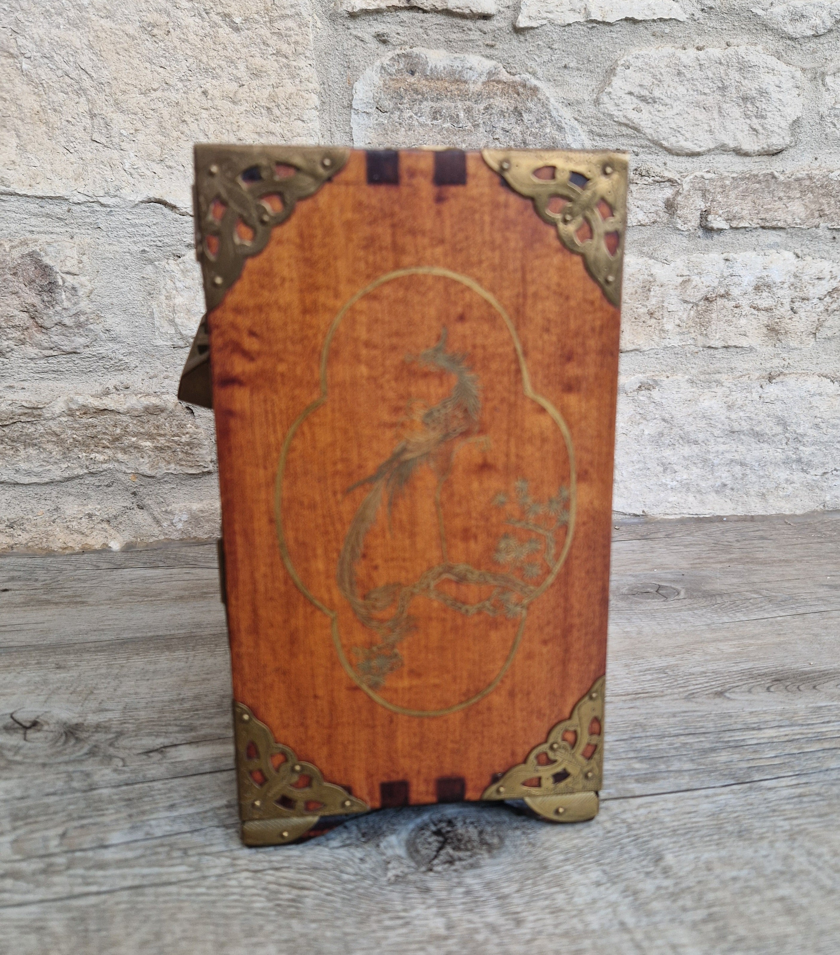 Vintage Hardwood Brass Bound Oriental Hand-Painted Chinoiserie Dragons Footed Jewellery Box Chest 1940s