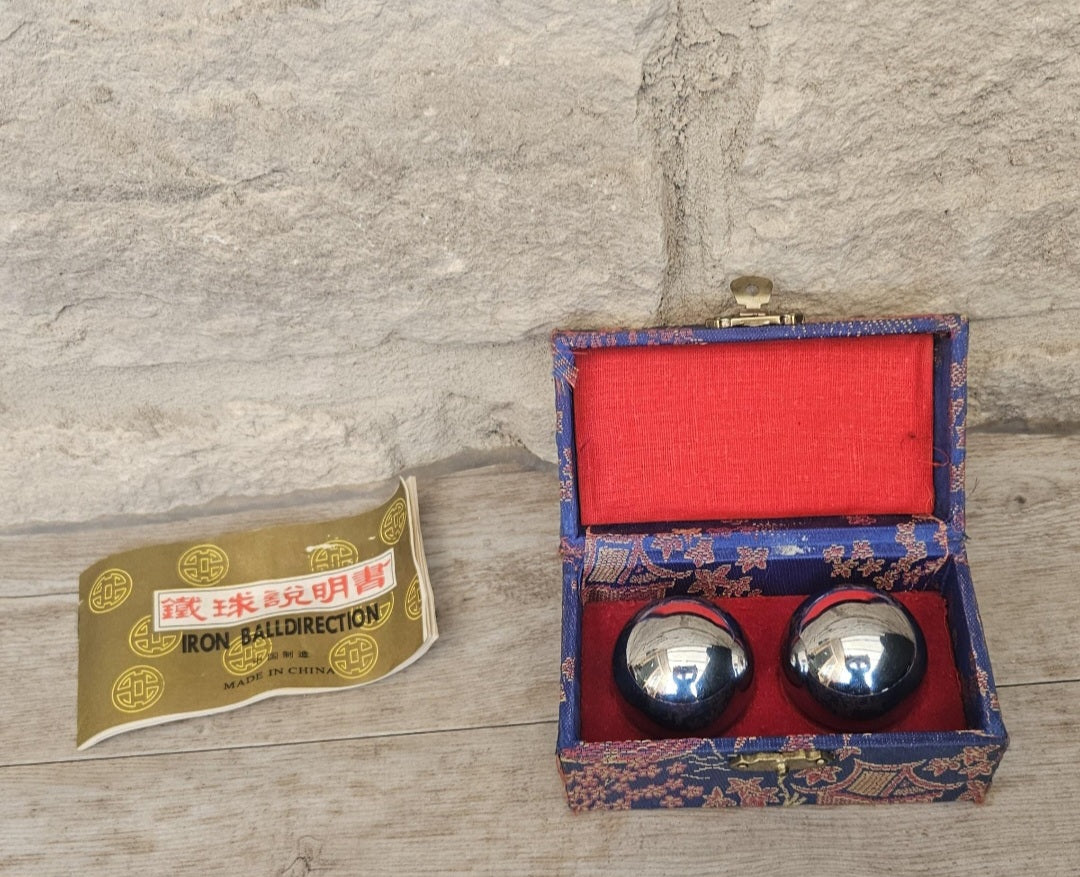 Vintage Boading Balls with Chimes Boxed Hand Therapy Stress Relief Exercise Meditation Healing Set Pair