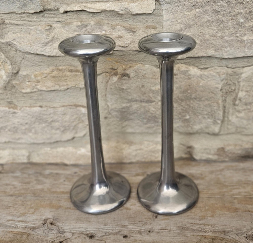 Pair Of Vintage Aluminium Tall Candlesticks 1990's Ikea Kagla Metal By Carl Ojerstam 25cm Tall