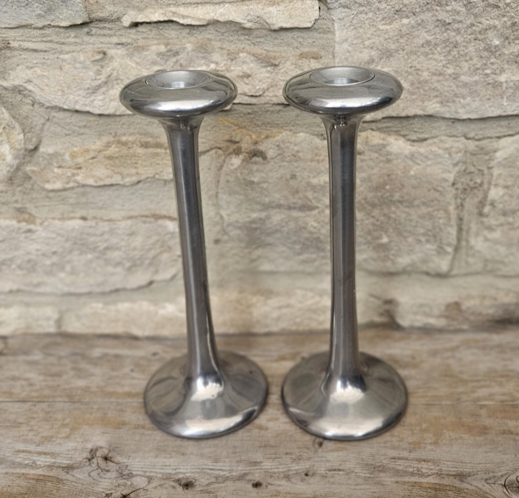 Pair Of Vintage Aluminium Tall Candlesticks 1990's Ikea Kagla Metal By Carl Ojerstam 25cm Tall