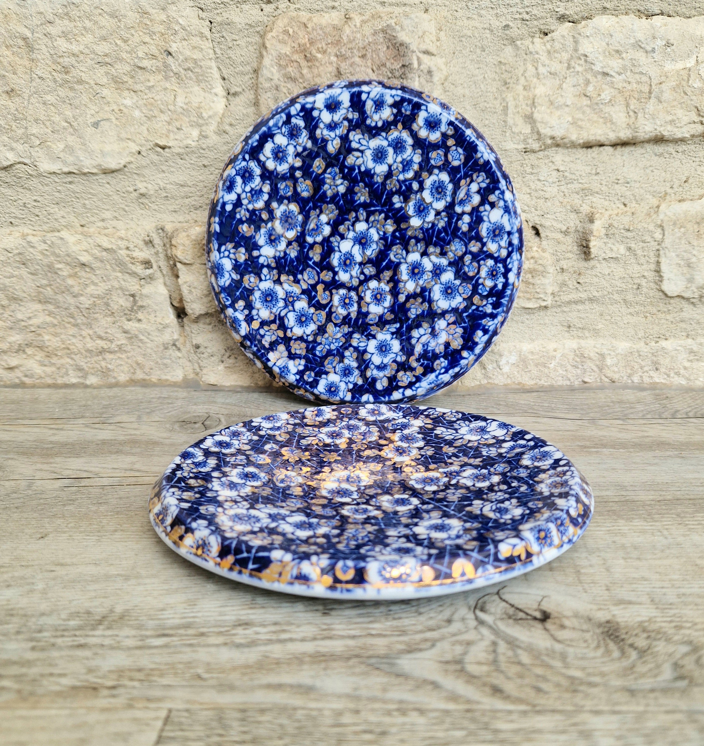 Pair of Rare Antique Trivets Gilt Blue & White Hawthorn Pattern Round Stoneware Trivets 17cm