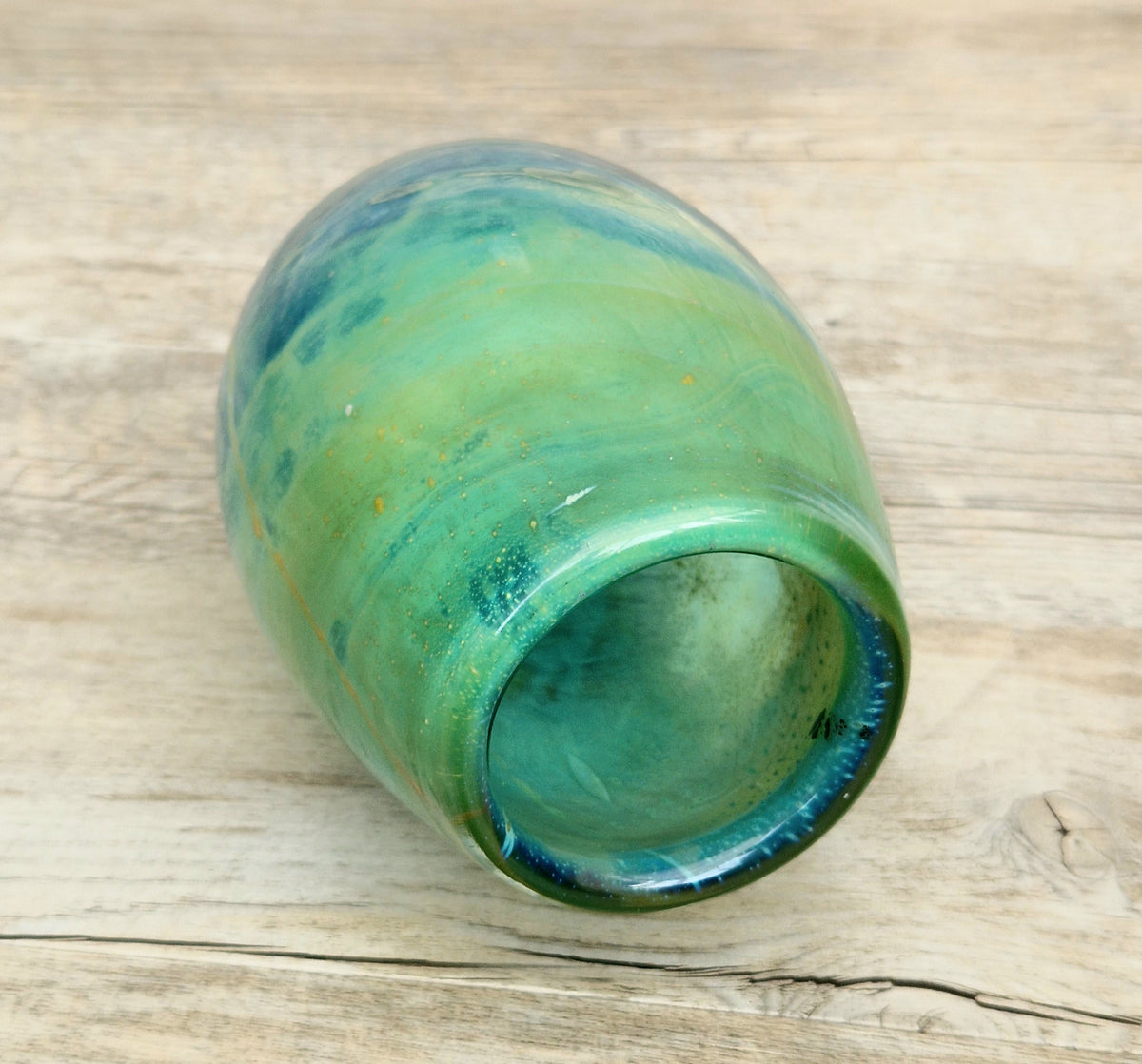 Vintage Mdina Maltese Art Glass Tiger Vase 16cm Signed Mid Century Blue Green 1kg