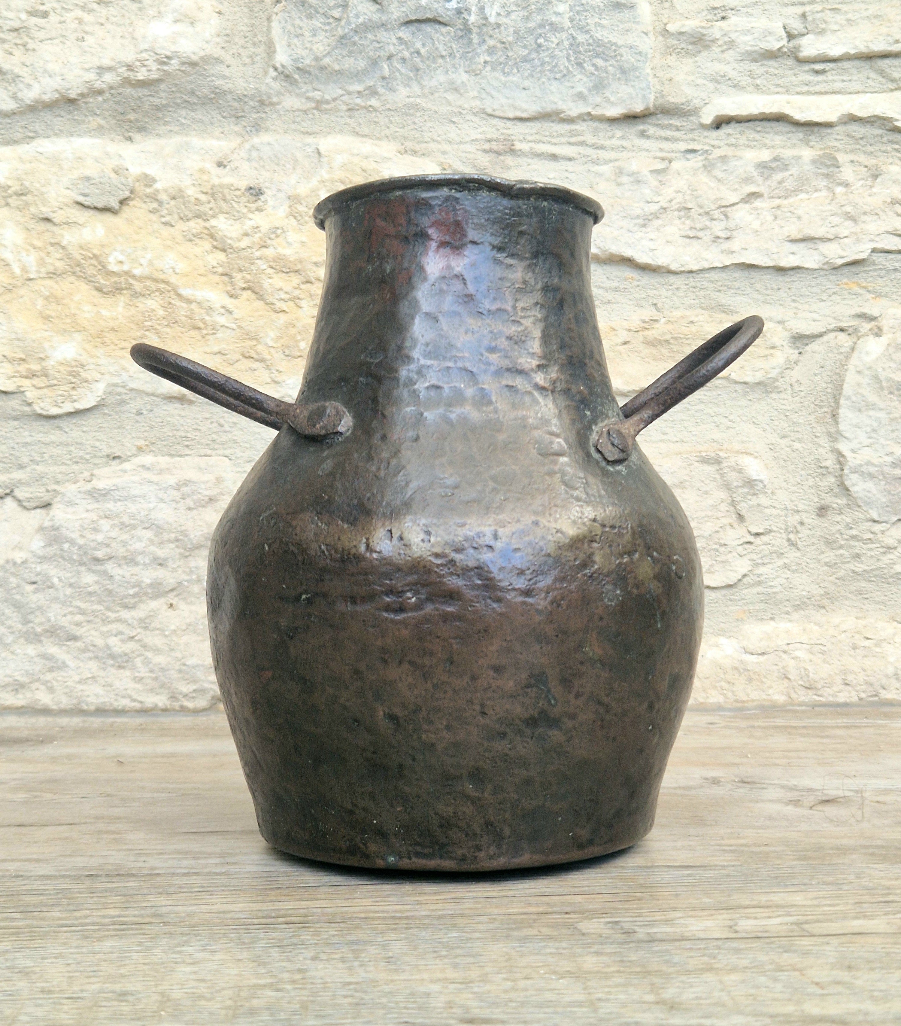18th Century Hammered Bronze Cauldron Pot Wrought Iron Handles Historic Repair Antique Kitchenalia Vessel