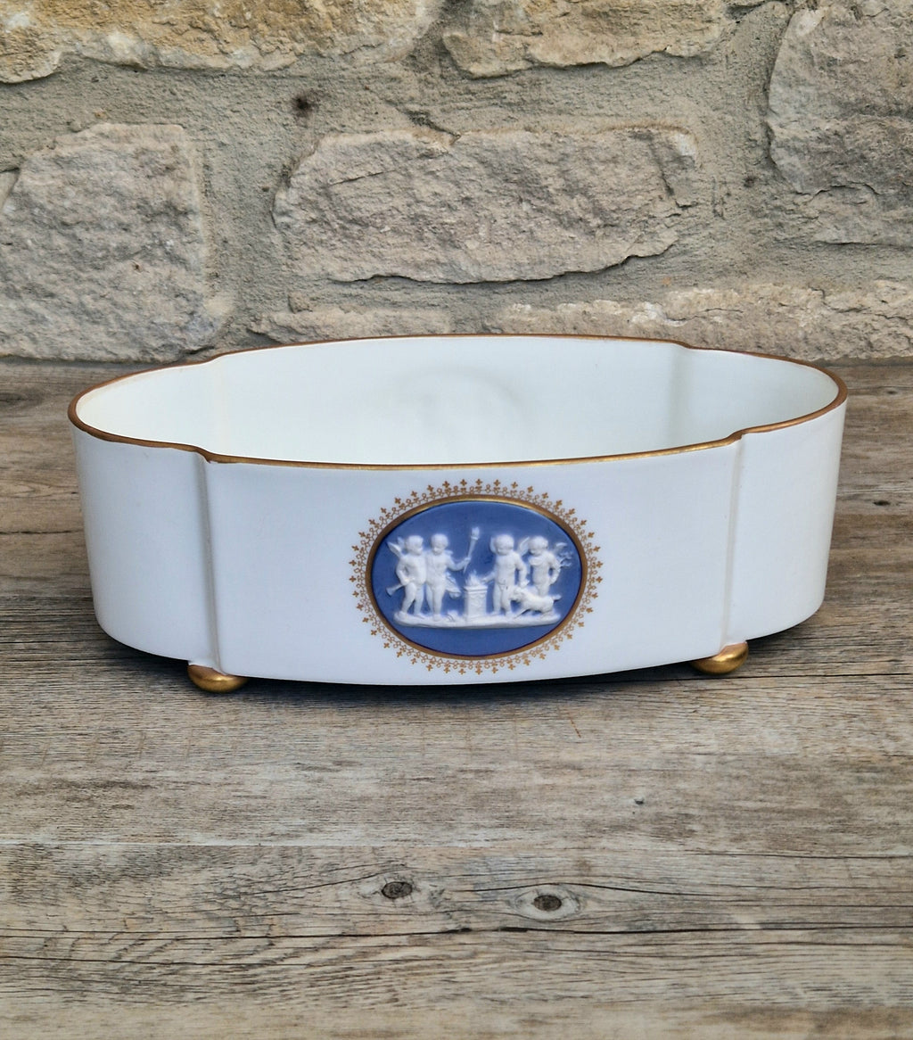 Vintage Vista Alegre Footed Centerpiece, White and Gold Porcelain Scalloped Planter Bowl Blue Jasperware Cherub Cameo