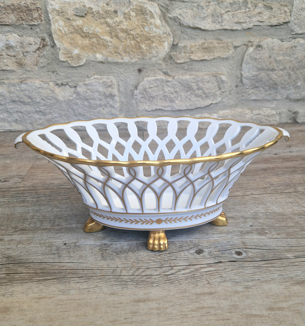 Large Vista Alegre Reticulated White & Gold Ceramic Basket Fruit Bowl Old Paris Style