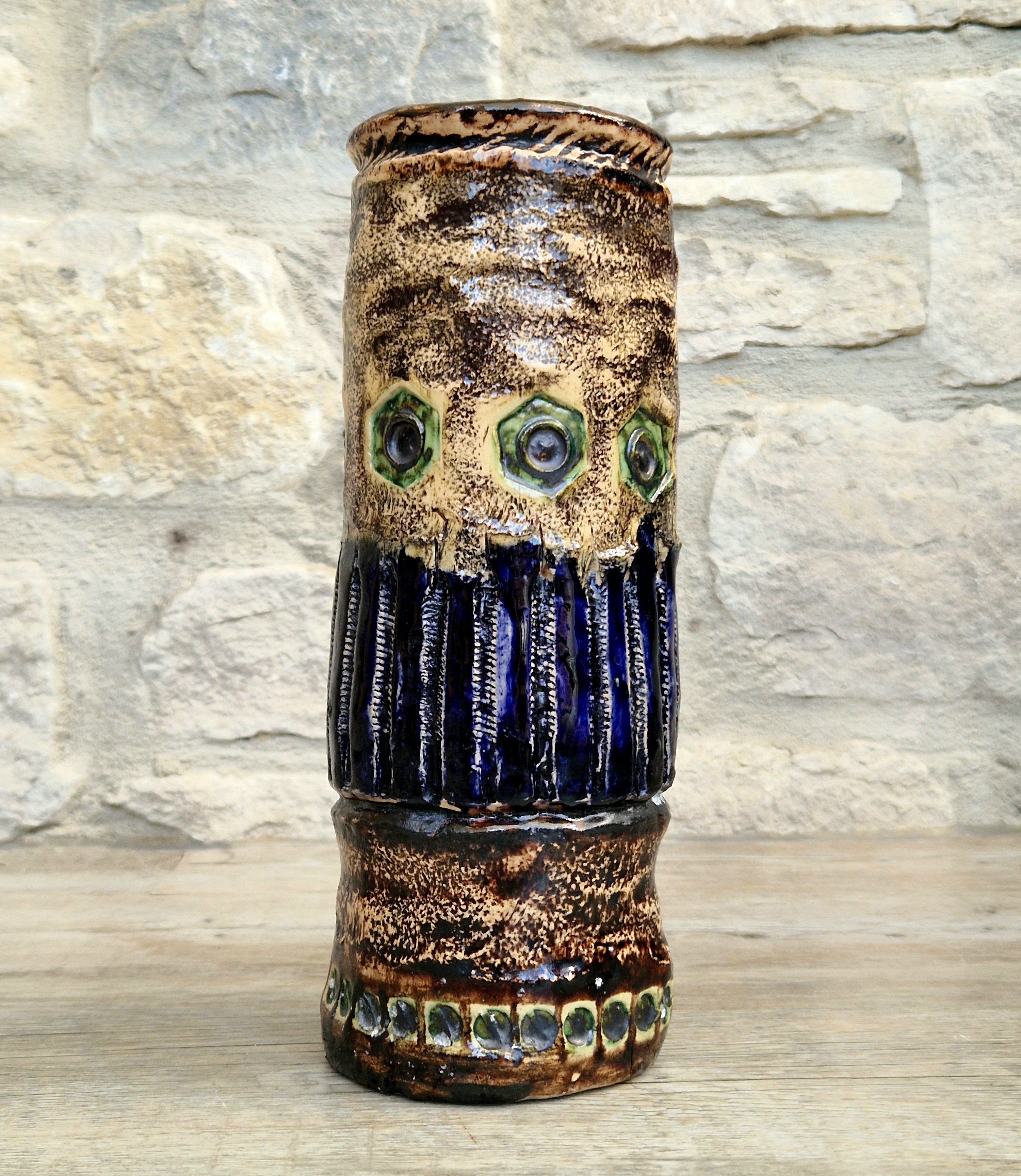 Vintage 1970s Cornish Brutalist Wheel Thrown Studio Pottery Blue Green Hexagon Medallion Ceramic Vase