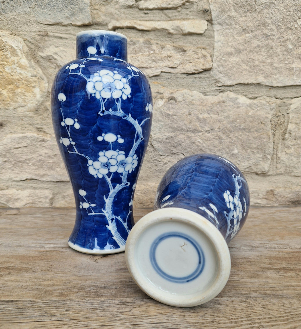 Pair Kangxi Style Blue & White Prunus Baluster Garniture Vases