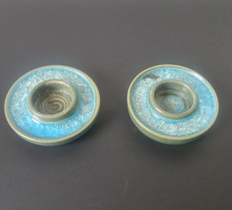 Handmade Pair of Turquoise Green Pottery Tea Light Candle Holders Crackle Glass Studio Pottery Unusual
