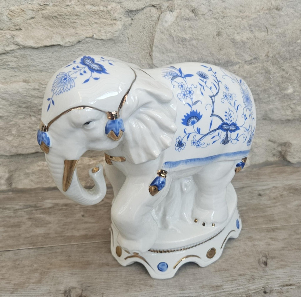 Vintage Elephant Figurine Porcelain Gold Accents Blue & White Floral Pattern Ceramic 7" Tall