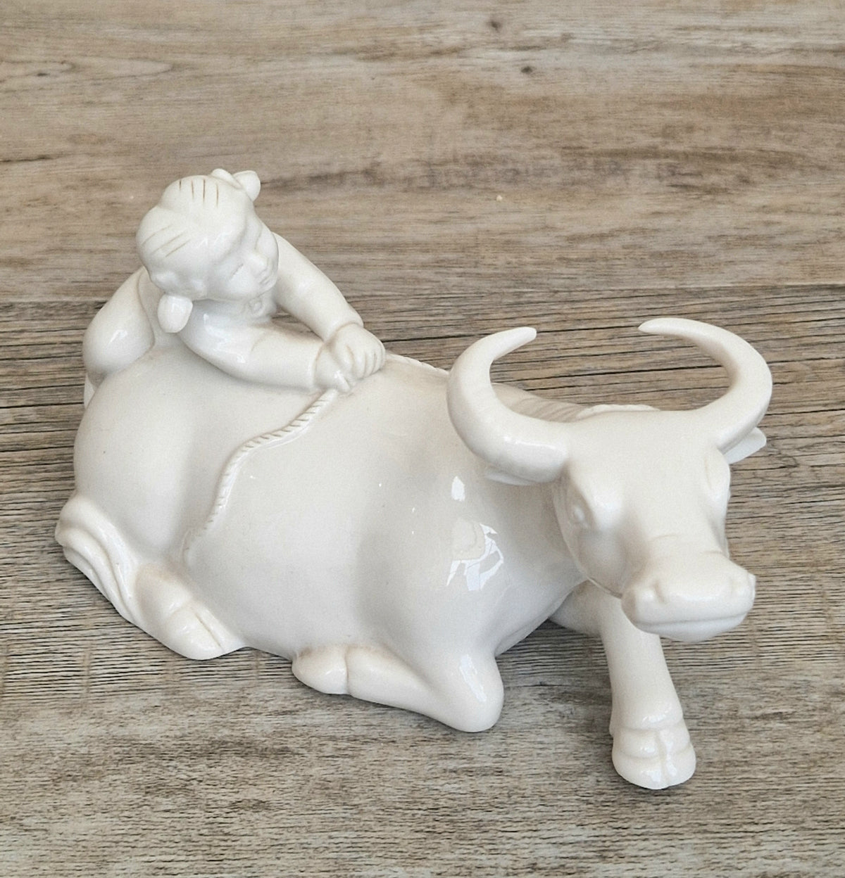 Vintage Chinese Blanc De Chine Porcelain Figurine Girl Riding Water Buffalo Ox Ceramic Home Ornament