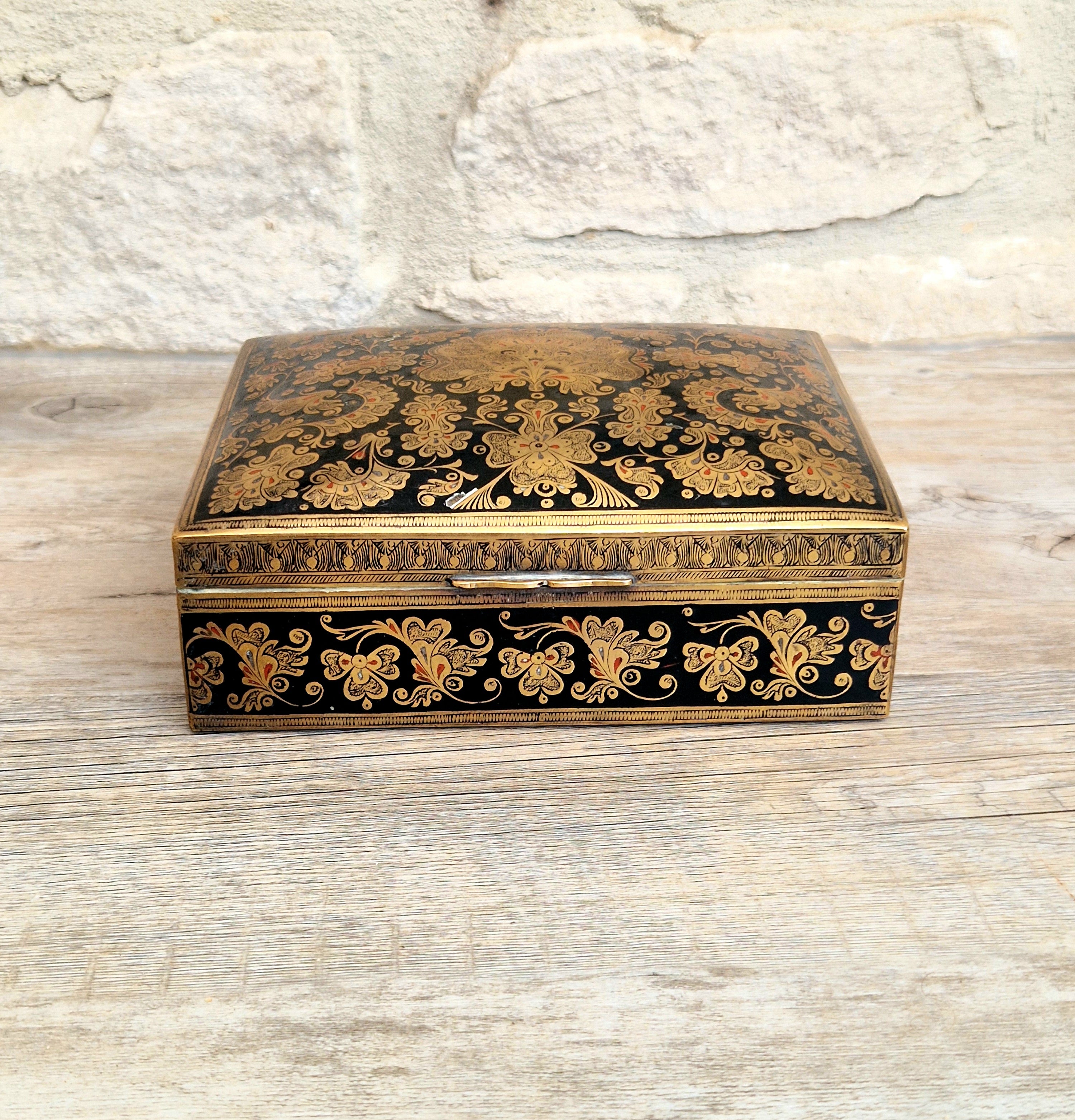Vintage Brass Black Enamelled Large Ornate Teak-Lined Desk Cigar Box