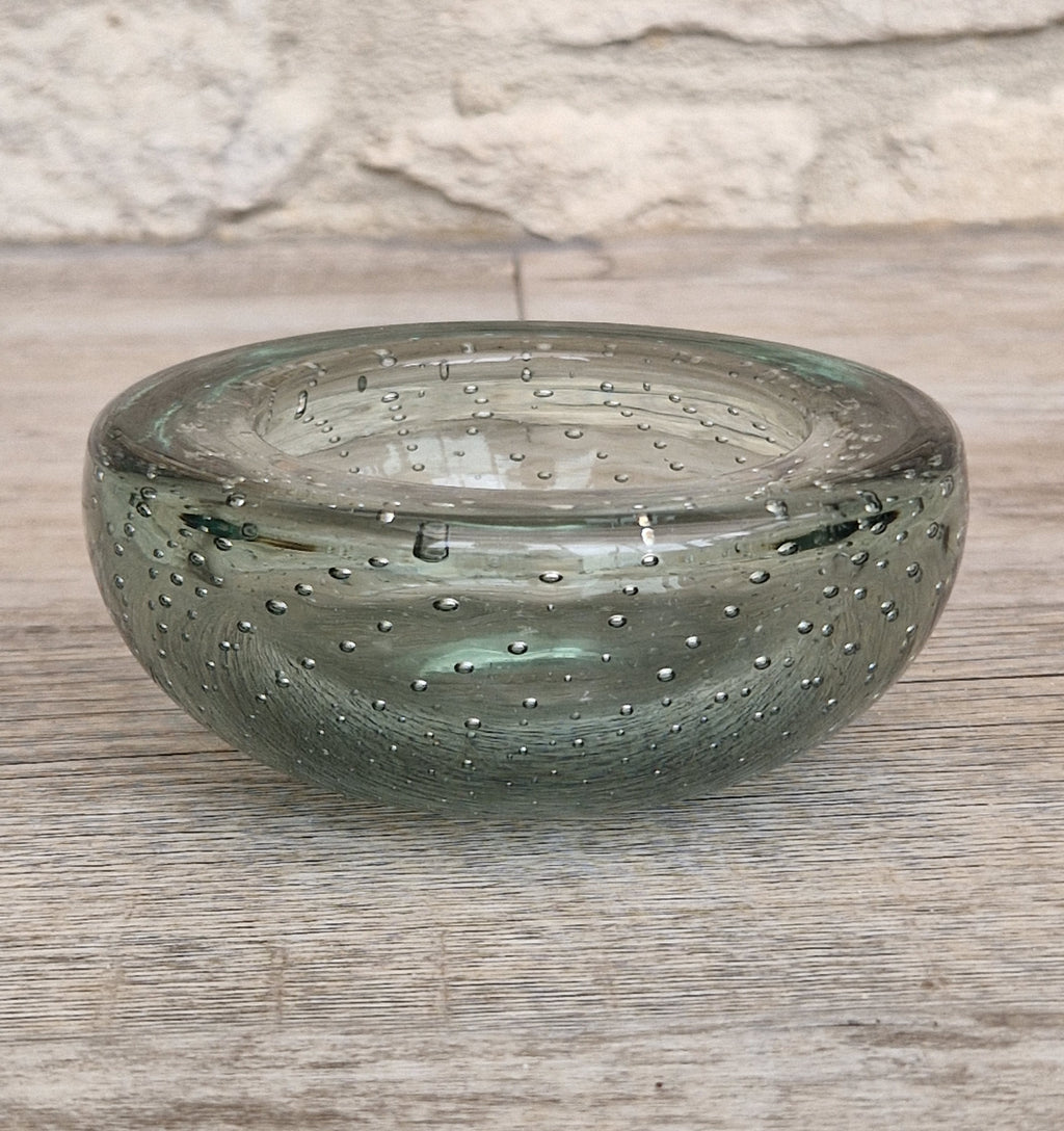 Vintage Whitefriars Sea Green Controlled Bubble Glass Bowl 9099 Mid Century Bullicante Dish
