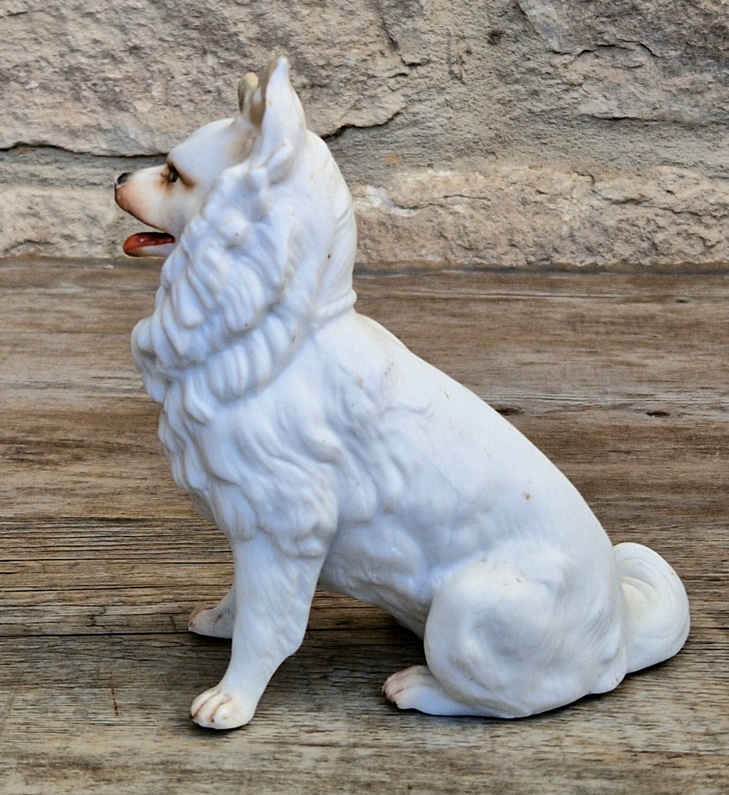 Antique Heubach Bisque Sitting Panting Spitz Dog: German Figure, Circa 1864-1880