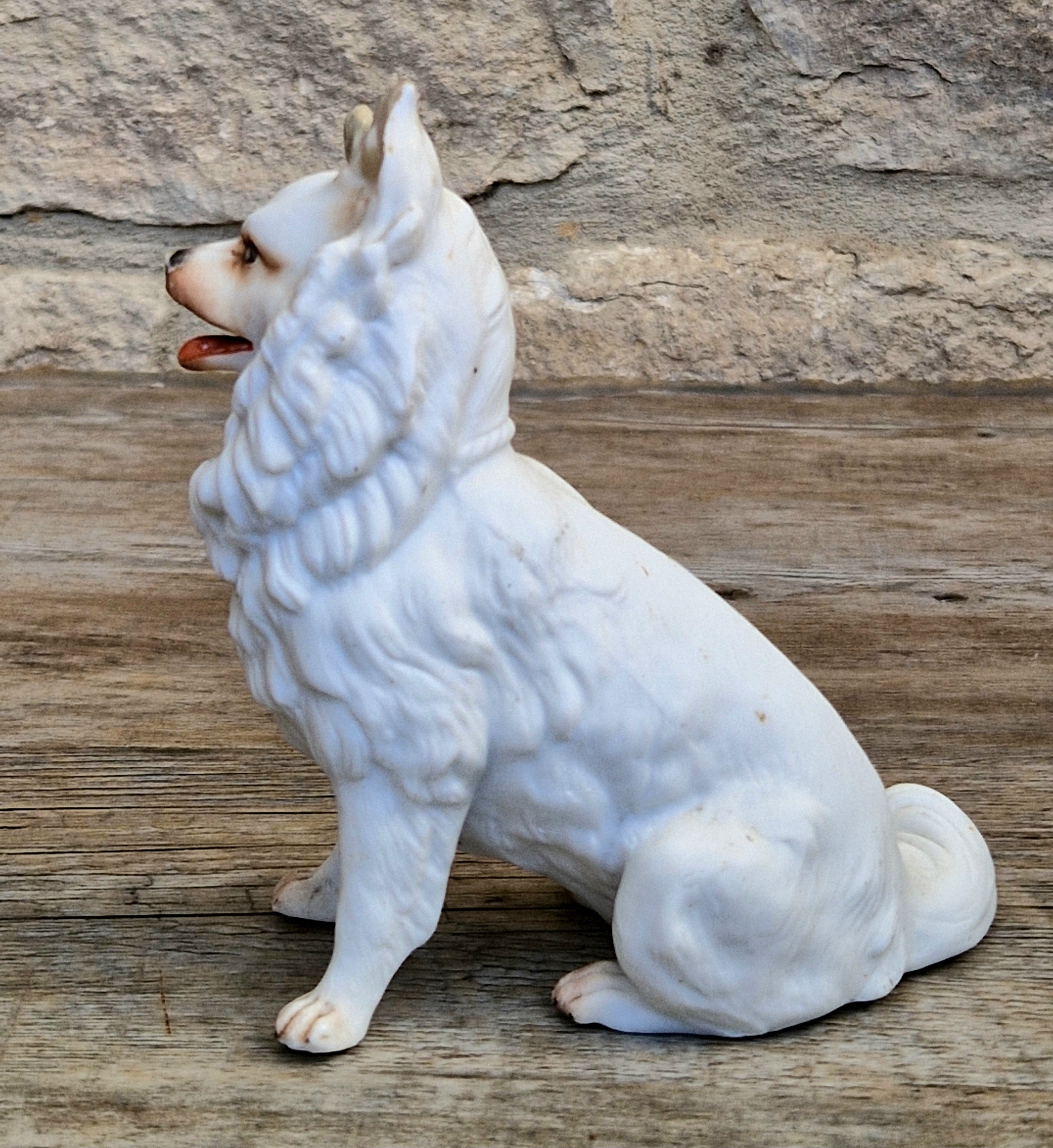 Antique Heubach Bisque Sitting Panting Spitz Dog: German Figure, Circa 1864-1880