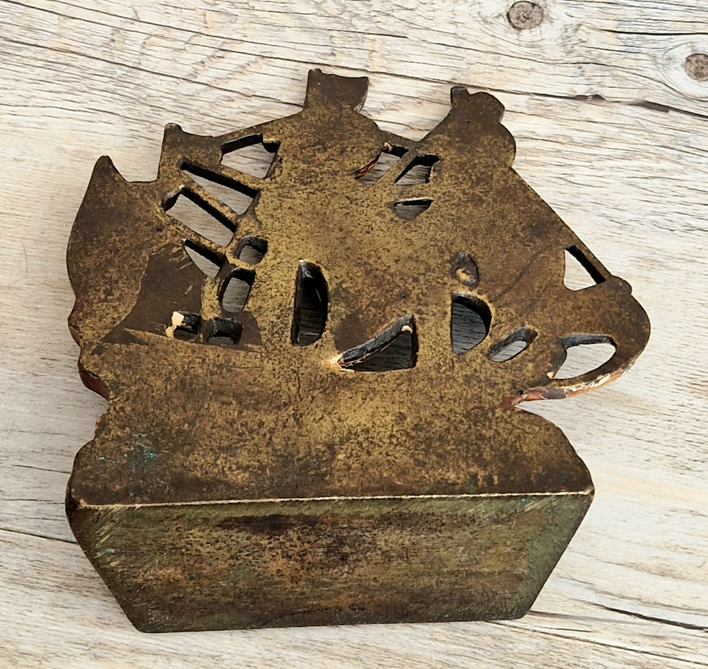 1920s Antique Sand Cast Bronze Mayflower Ship Bookend Paperweight Pattern 110 Original Paint