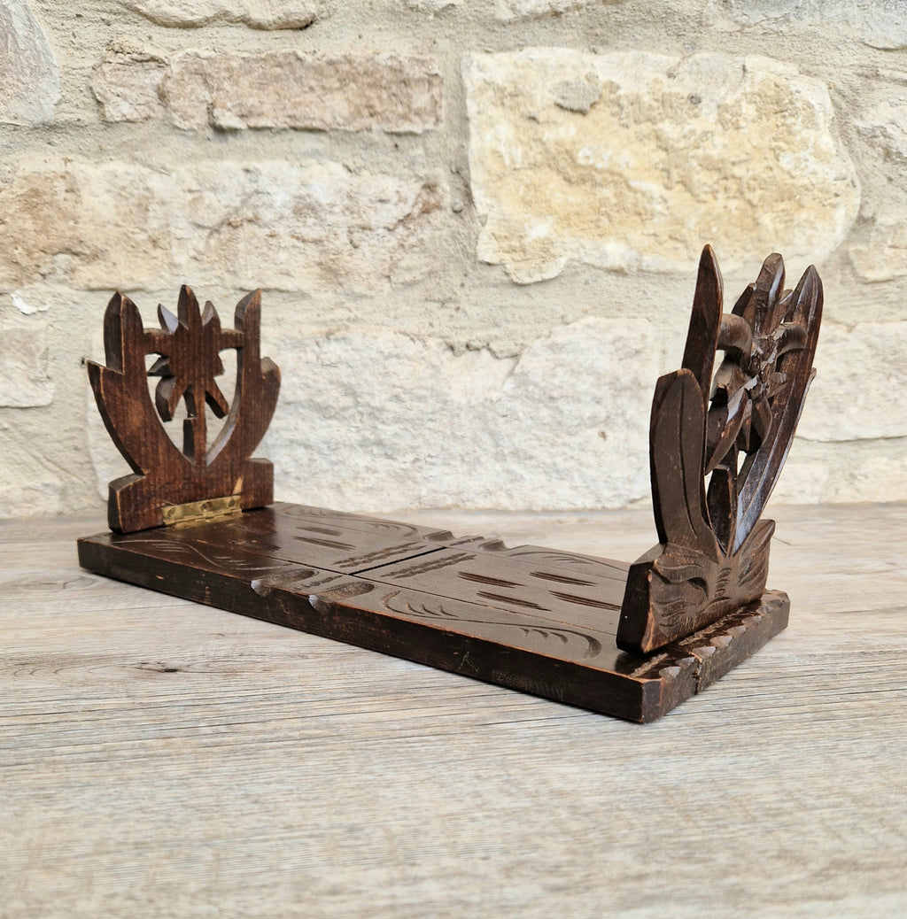 Antique Black Forest Carved Bookslide Continental Fruitwood Extending Book Shelf Rest c.1910
