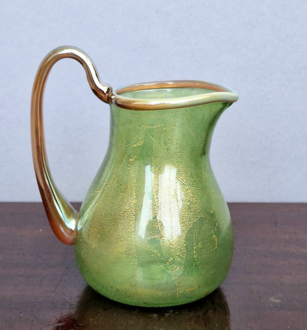 Antique Probable Salviati Dott. Murano Glass Jug, Green Gold Leaf, Venetian c.1875–1890, Handblown 13.5cm Rare