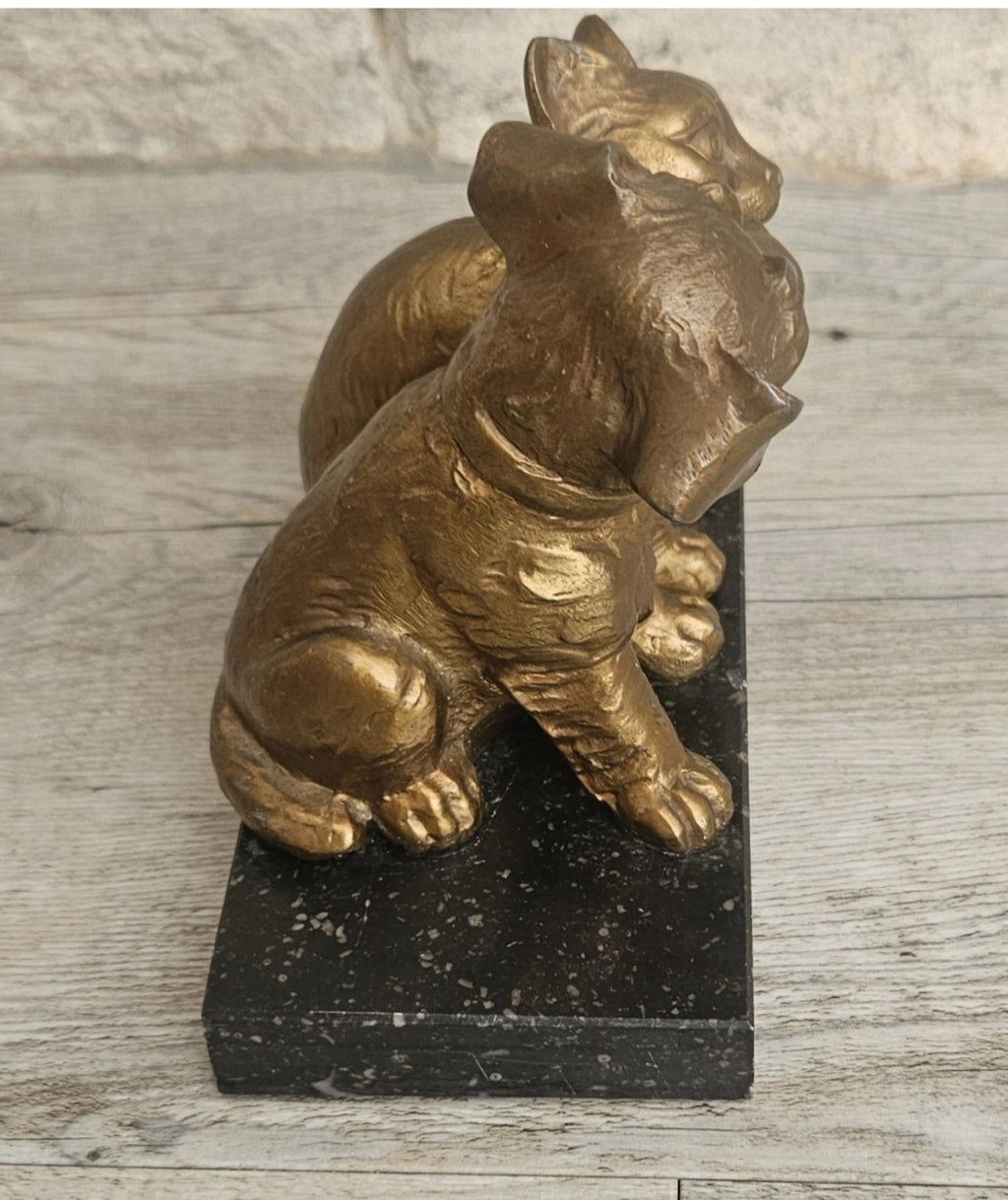 Antique Art Deco Spelter Cat and Dog Figurine on Black Marble Base 16cm X 8cm