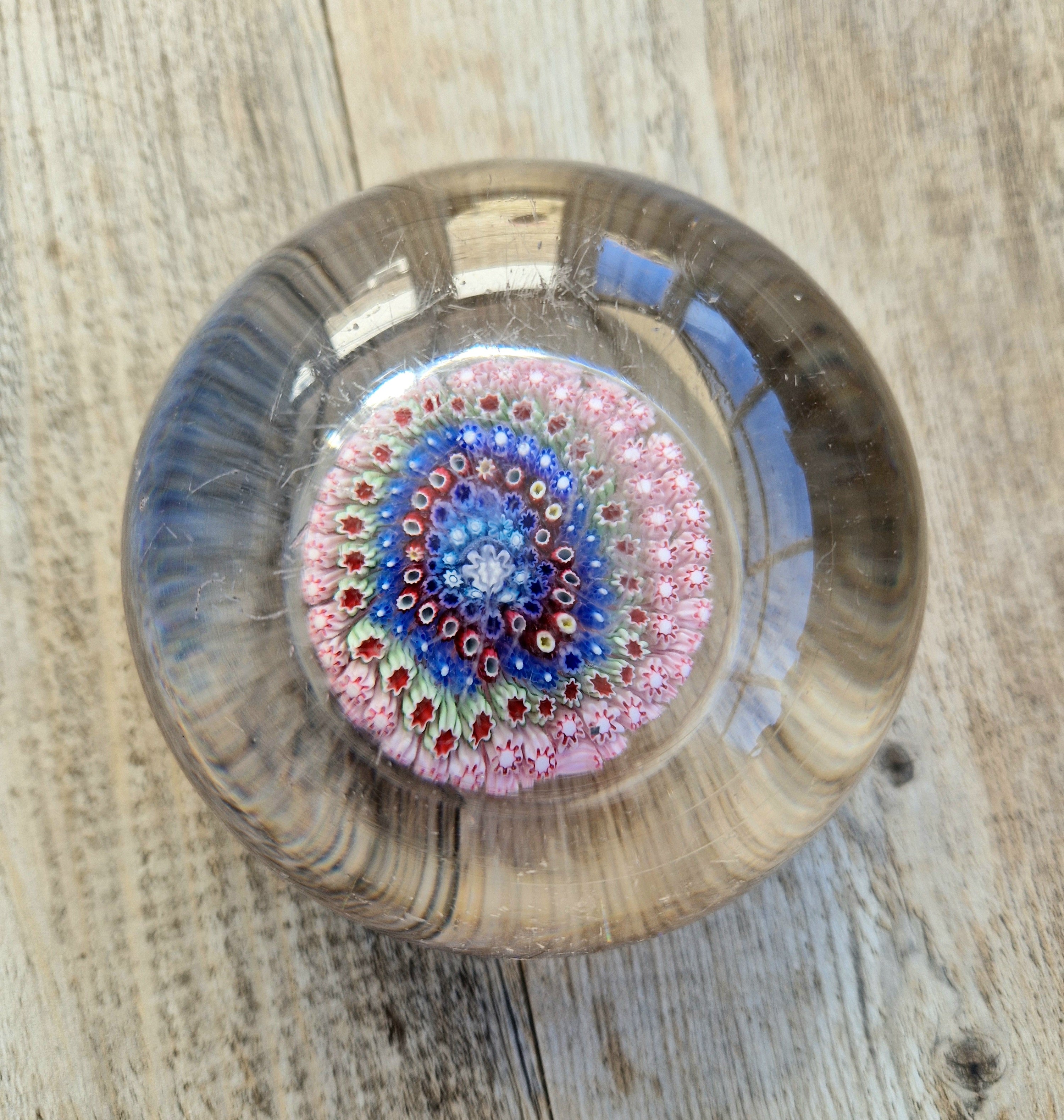 Old English Richardsons Magnum Concentric Millifiore Canes Footed Glass Paperweight