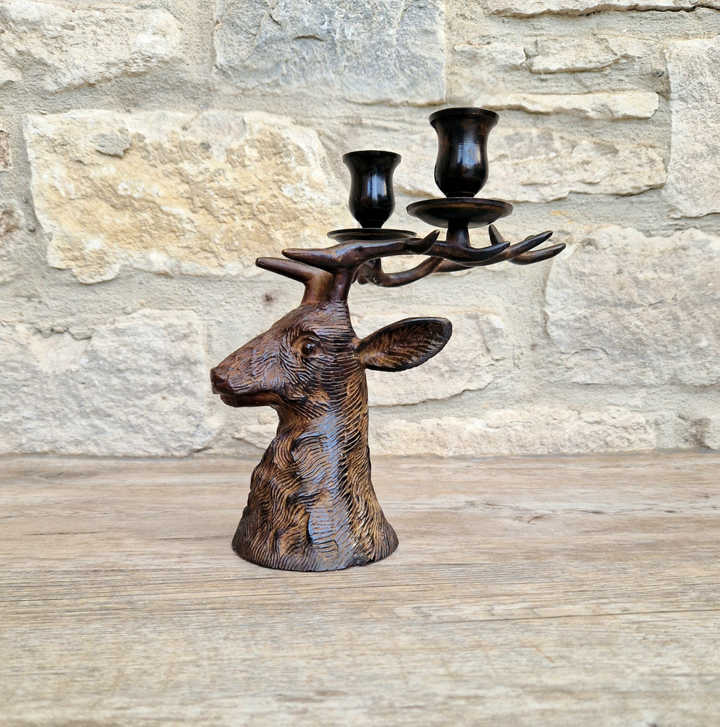 Vintage Heavy Patinated Bronze Stag Head Bust Double Candle Holder Table Decor