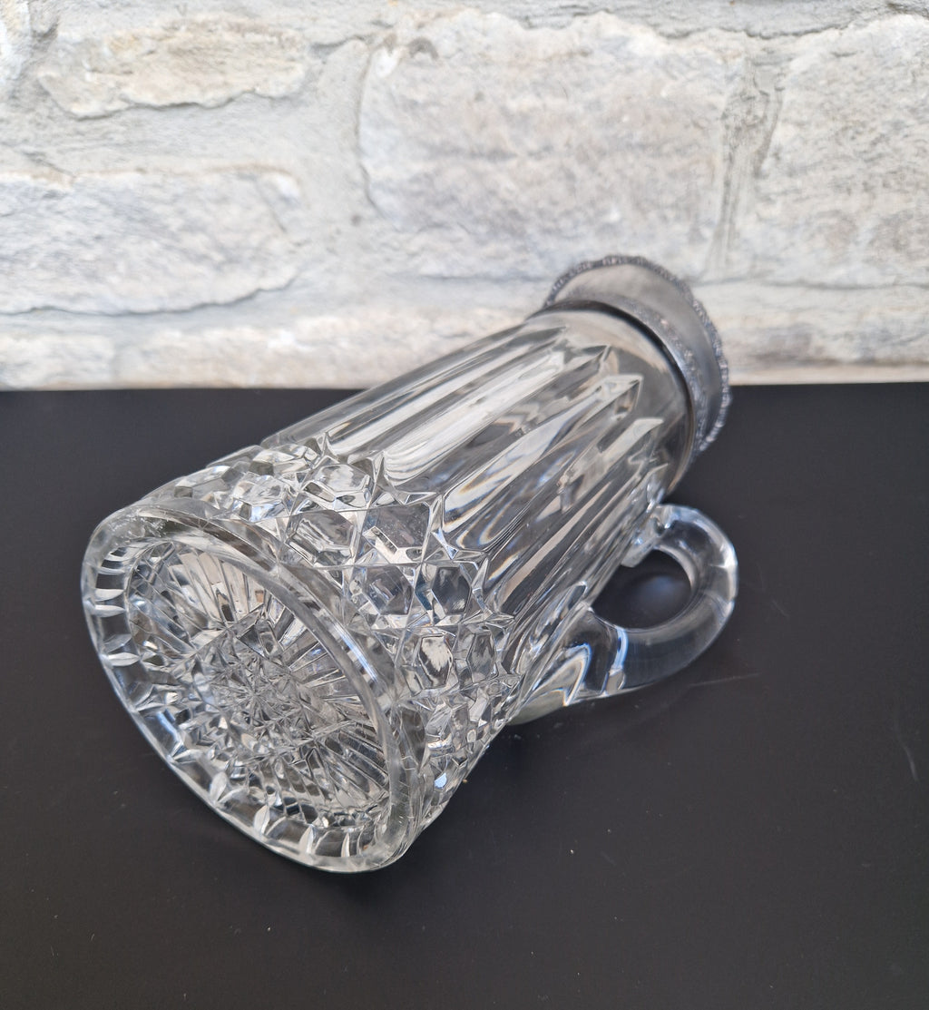 English Heavy Cut Glass & Pewter Water Pitcher Circa 1890 Antique Crystal
