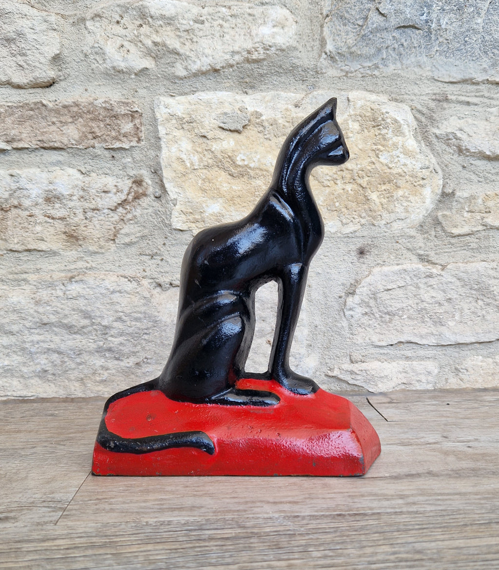 Antique Rare Cast Iron Art Deco Black Sitting Cat Doorstop