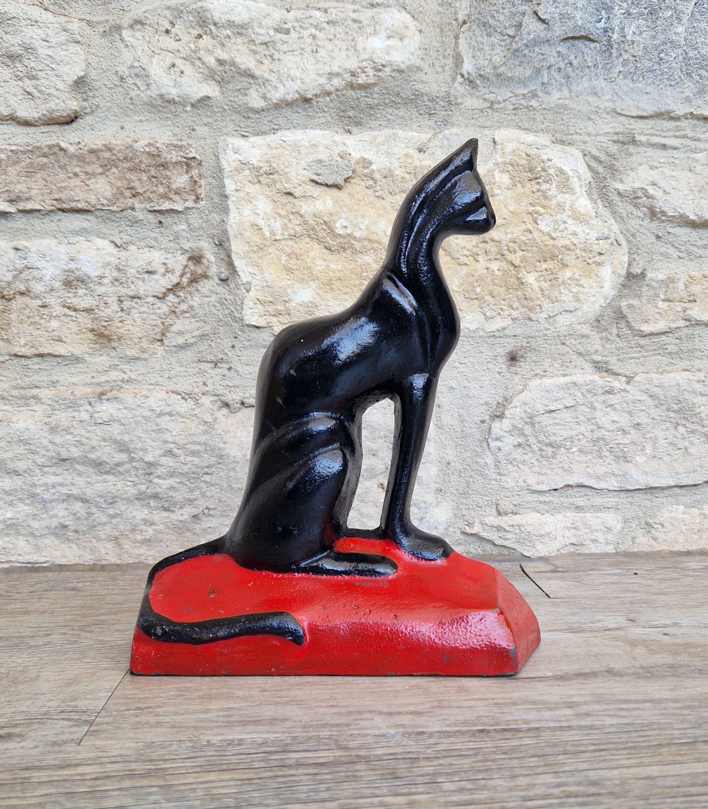 Antique Rare Cast Iron Art Deco Black Sitting Cat Doorstop
